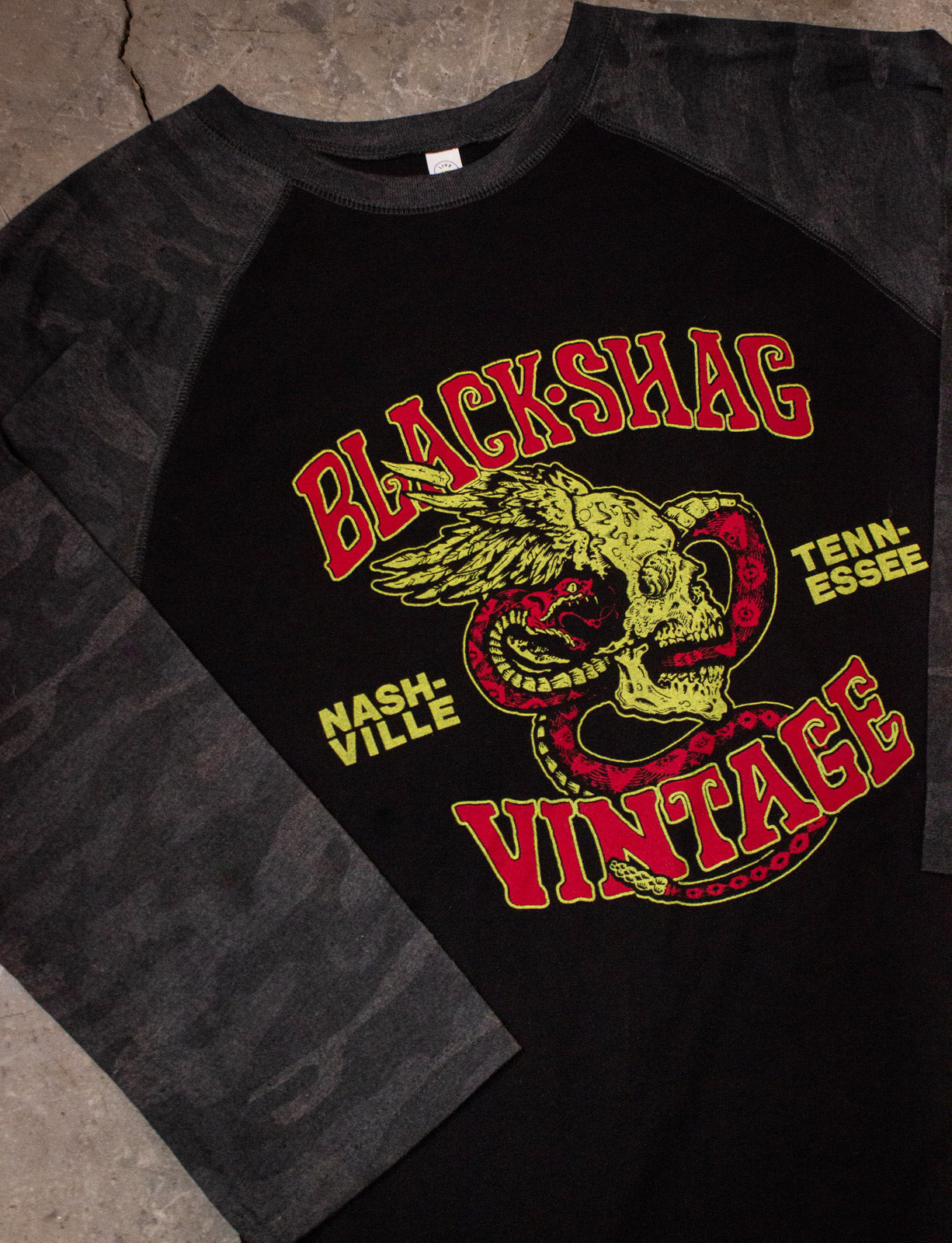 Black Shag Vintage Winged Skull & Snake Storm Camo T Shirt 3/4 Raglan Unisex XS to 2XL