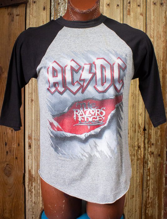 Vintage AC/DC The Razors Edge Concert T Shirt Raglan 1990 Grey/Black Large