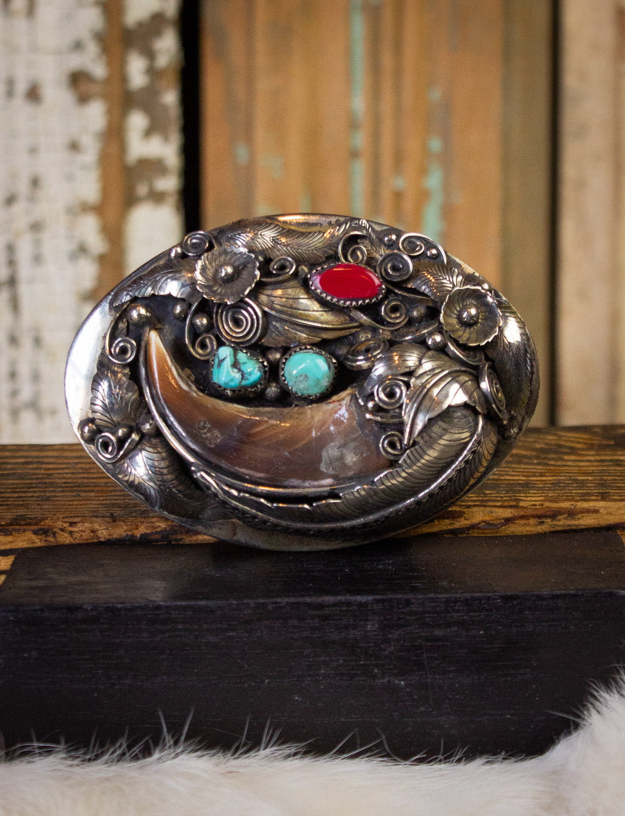 Vintage Claw Turquoise Coral Sterling Silver Belt Buckle