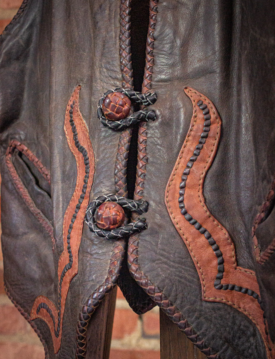 Vintage Brown Braided Leather Vest 70s Small