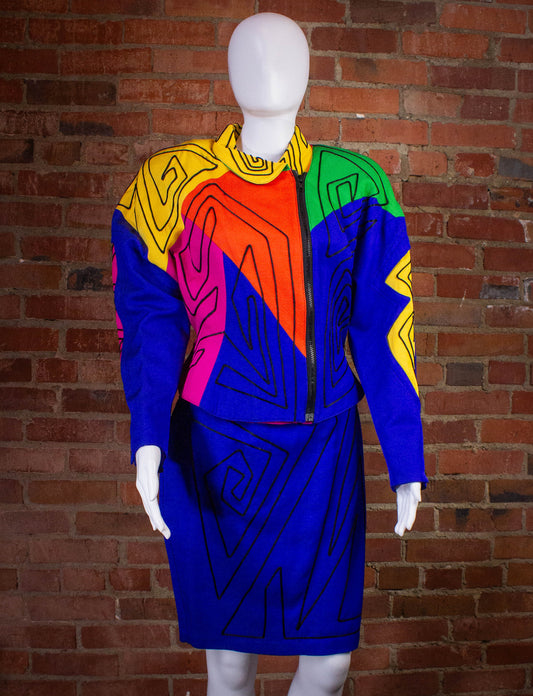 Vintage Cache Neon Abstract Skirt and Jacket Set Small
