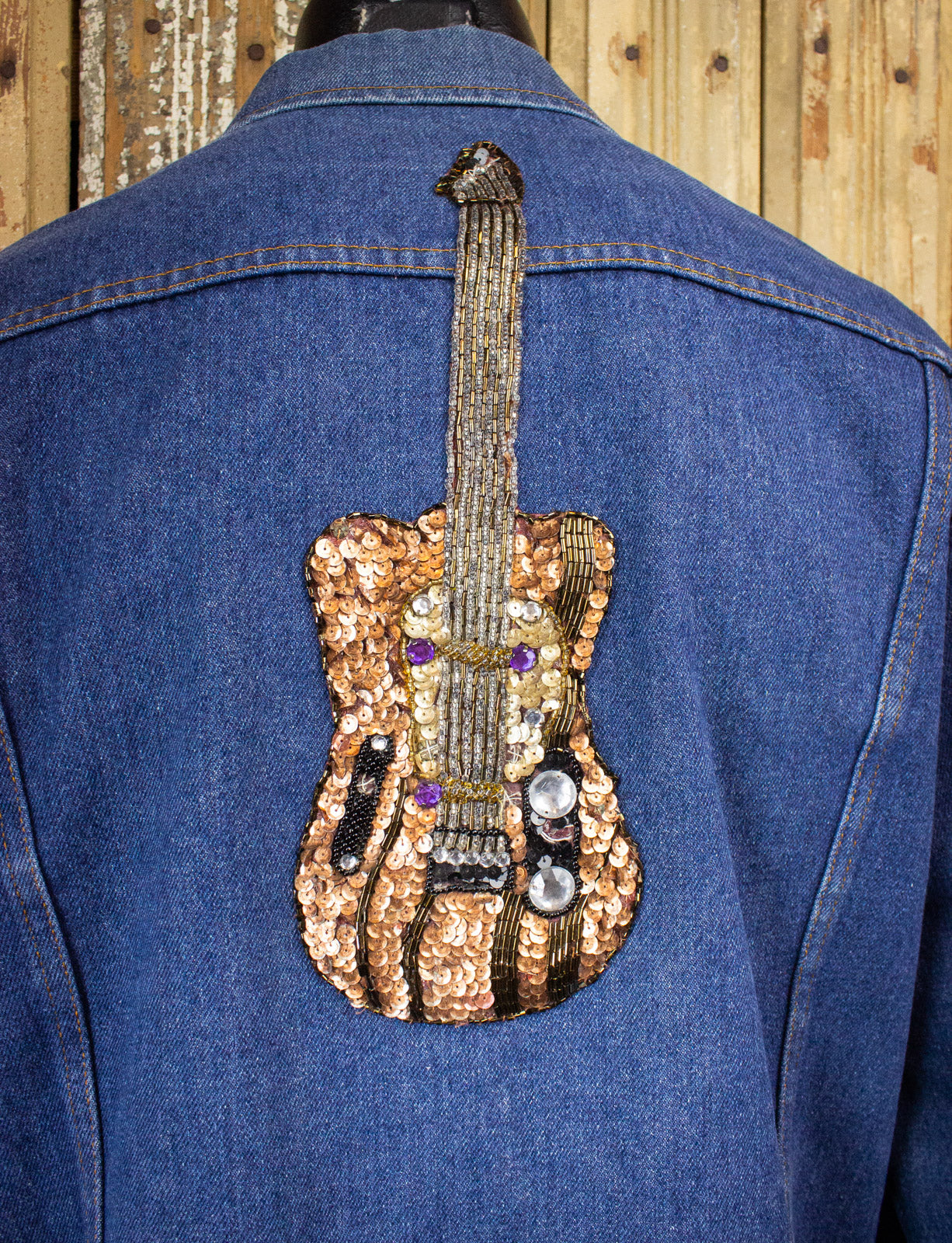 Vintage Denim Jacket with Sequin Music Note & Guitar XL