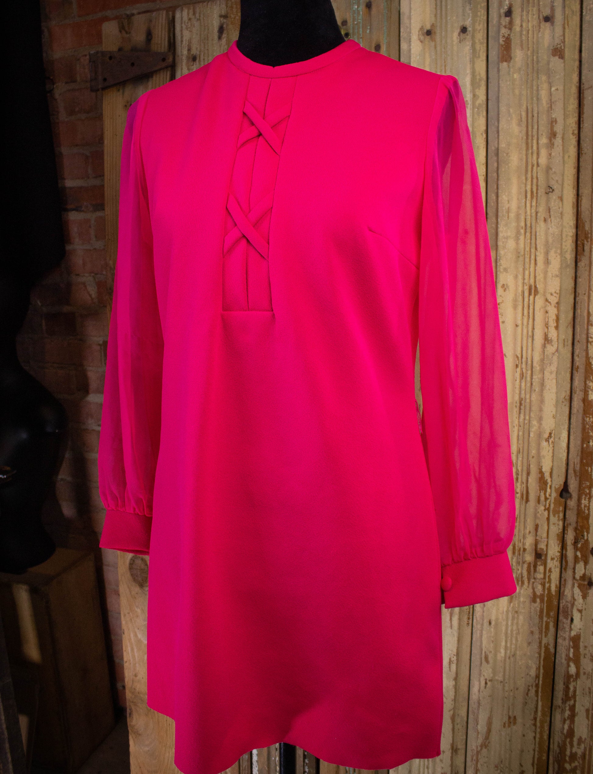 Vintage Fuchsia Sheer Sleeve Mini Dress 1970s M