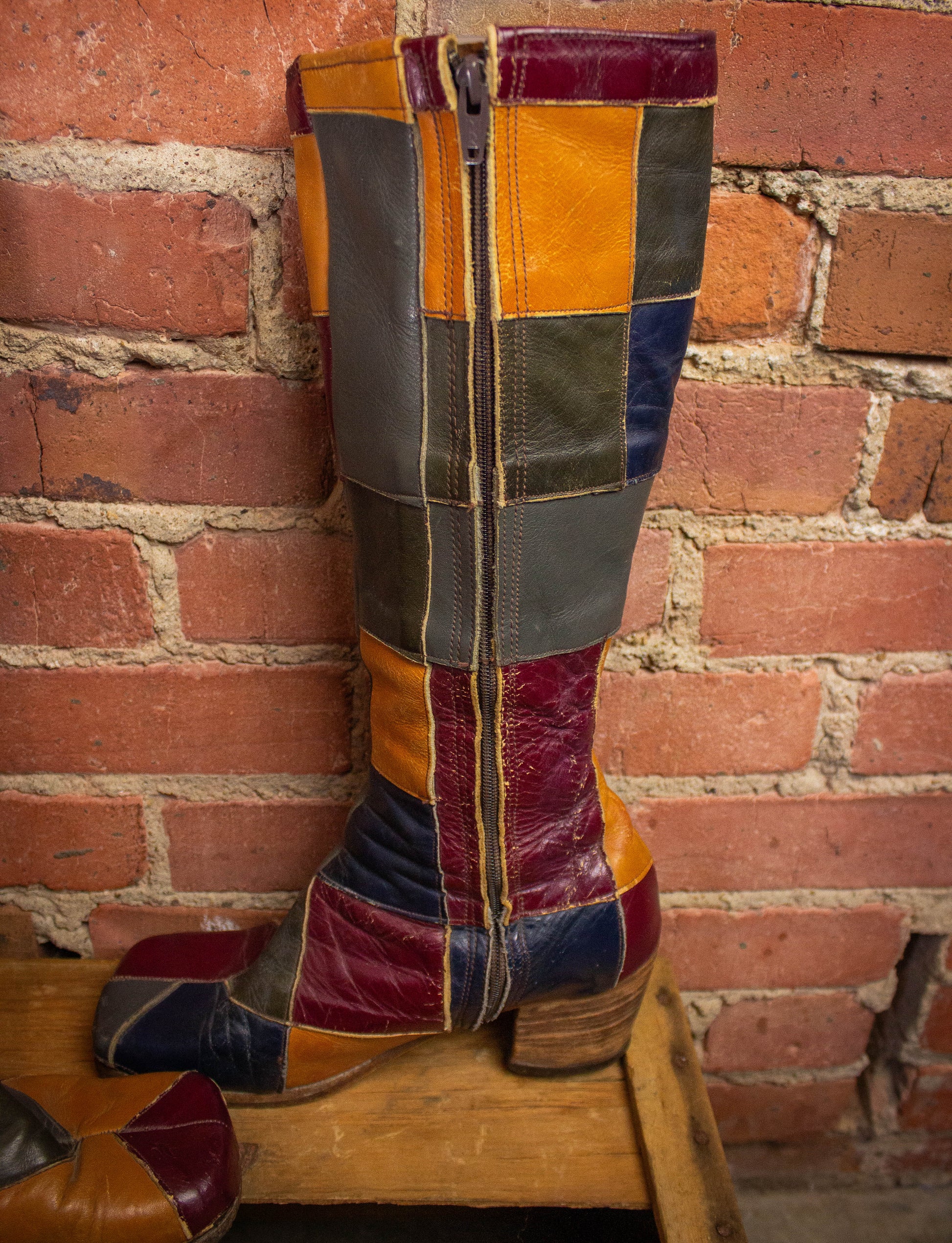 Vintage Granny Takes A Trip Patchwork Leather Boots 70s 8.5