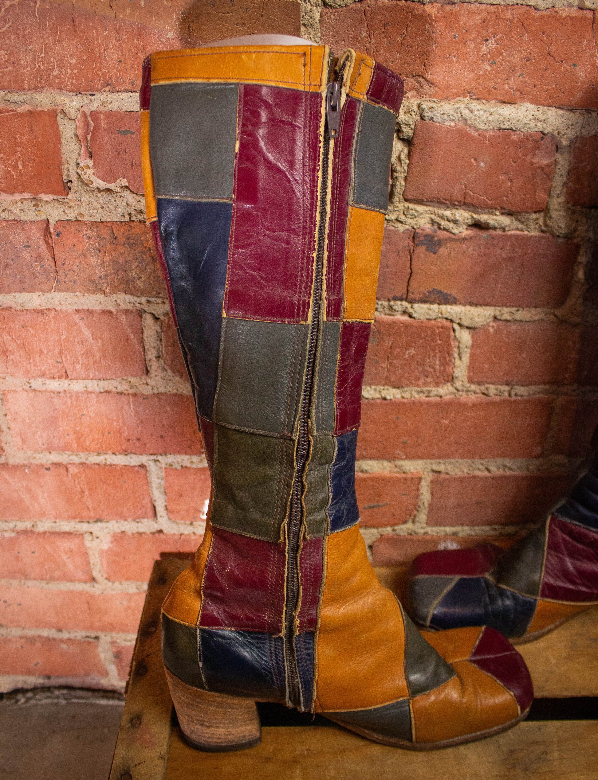 Vintage Granny Takes A Trip Patchwork Leather Boots 70s 8.5