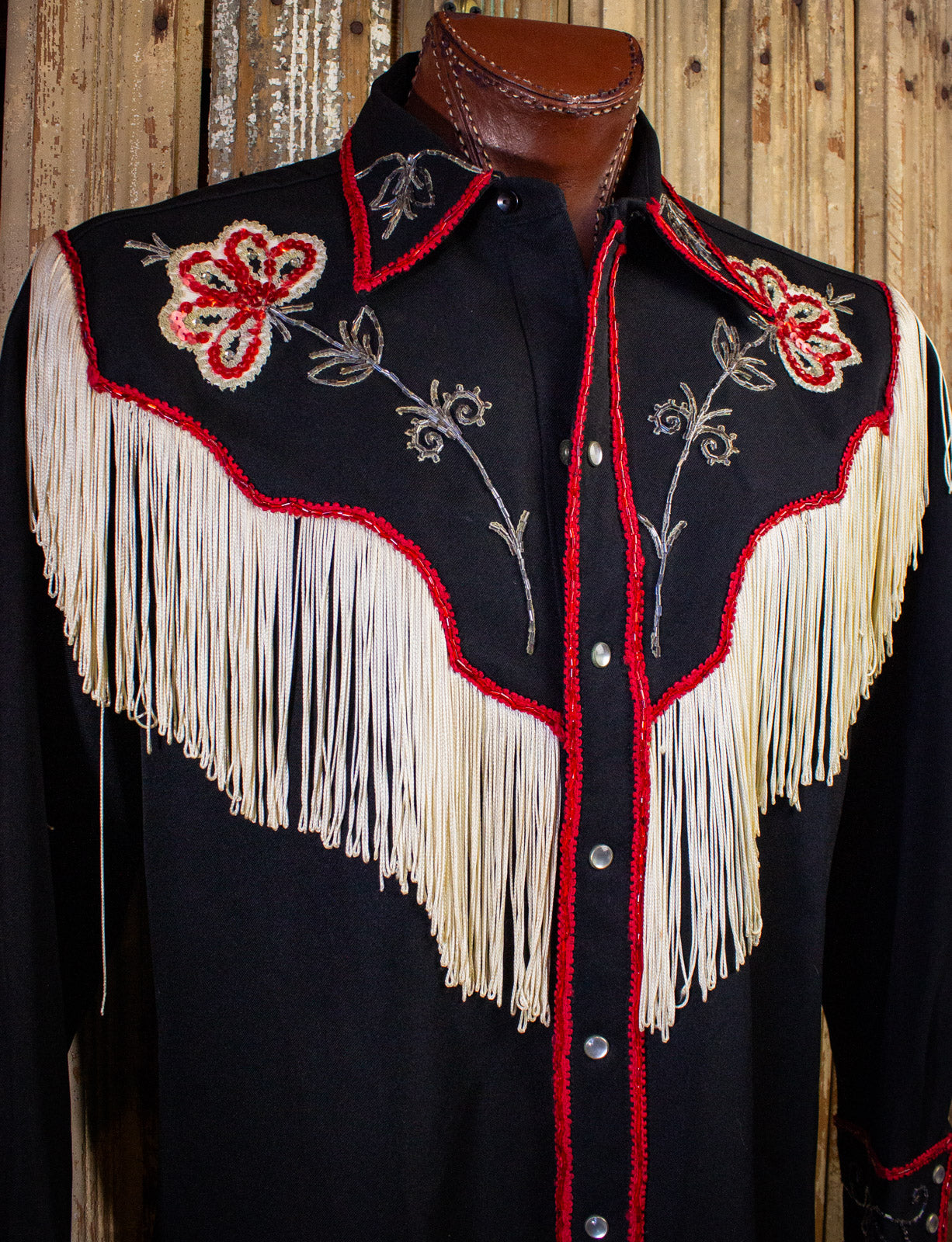 Vintage H Bar C Black Pearl Snap Western Shirt with Fringe and Sequins 60s XL
