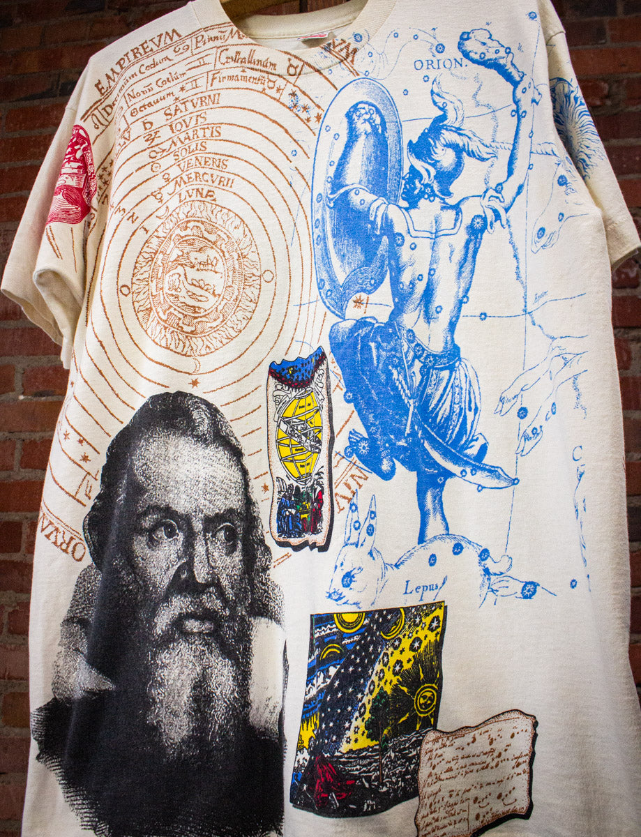 Vintage Leonardo Da Vinci AOP Graphic T Shirt 90s Tan Large