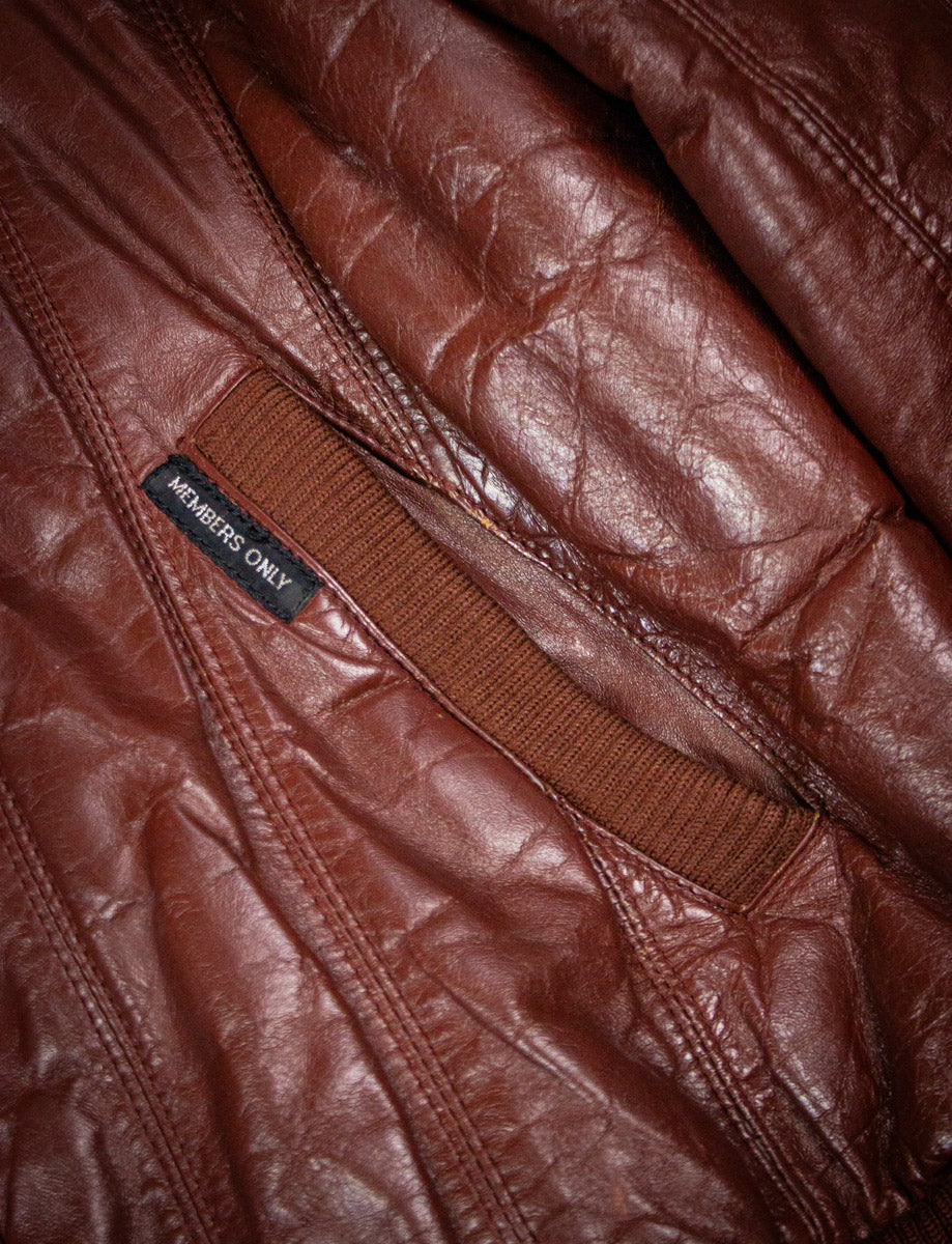 Vintage Members Only Brown Leather Bomber Jacket 80s Large