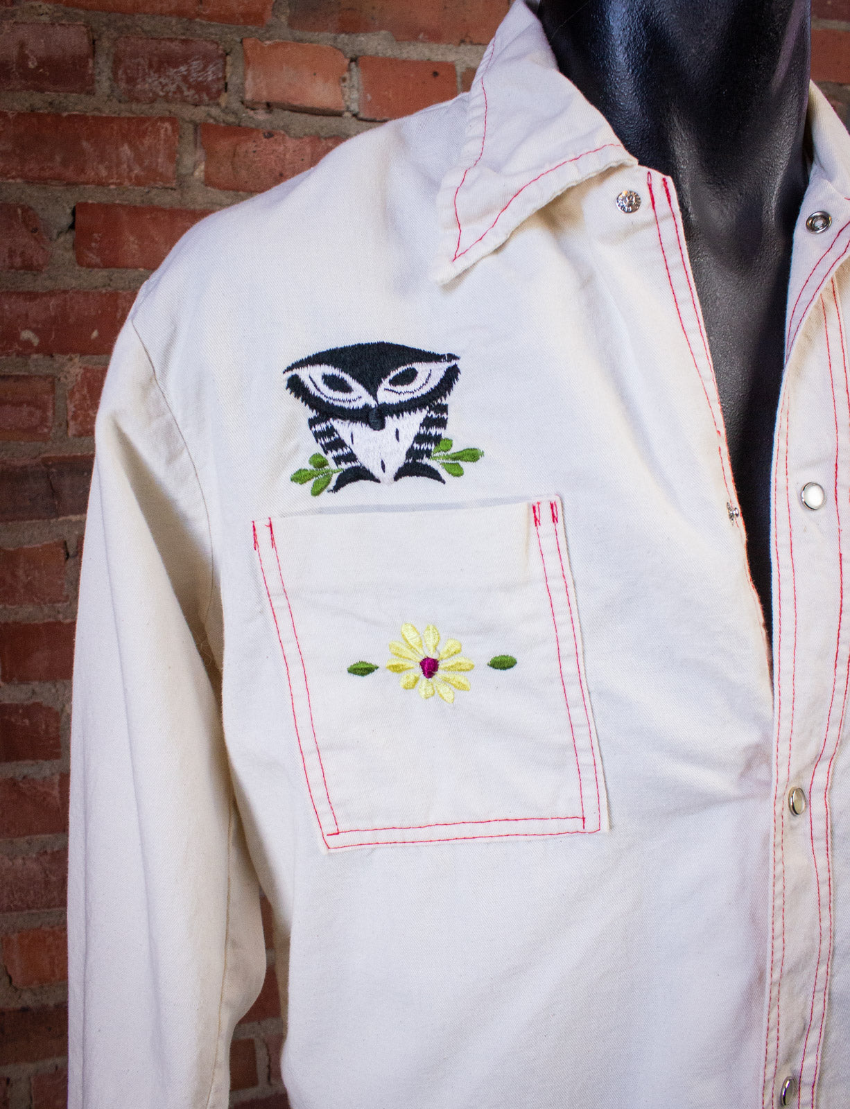 Vintage Bordados Embroidered Owl Pearl Snap Western Shirt White XL