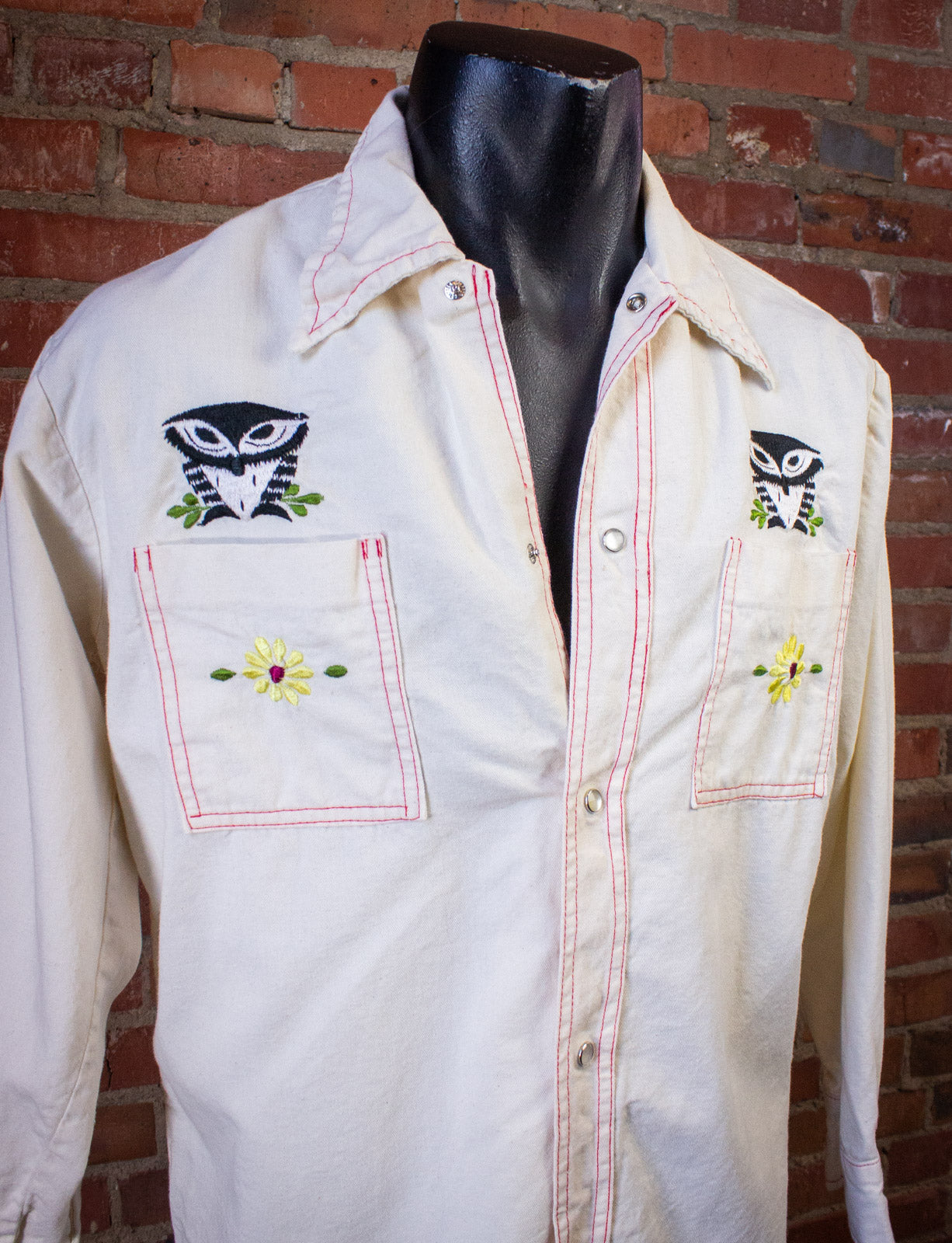 Vintage Bordados Embroidered Owl Pearl Snap Western Shirt White XL