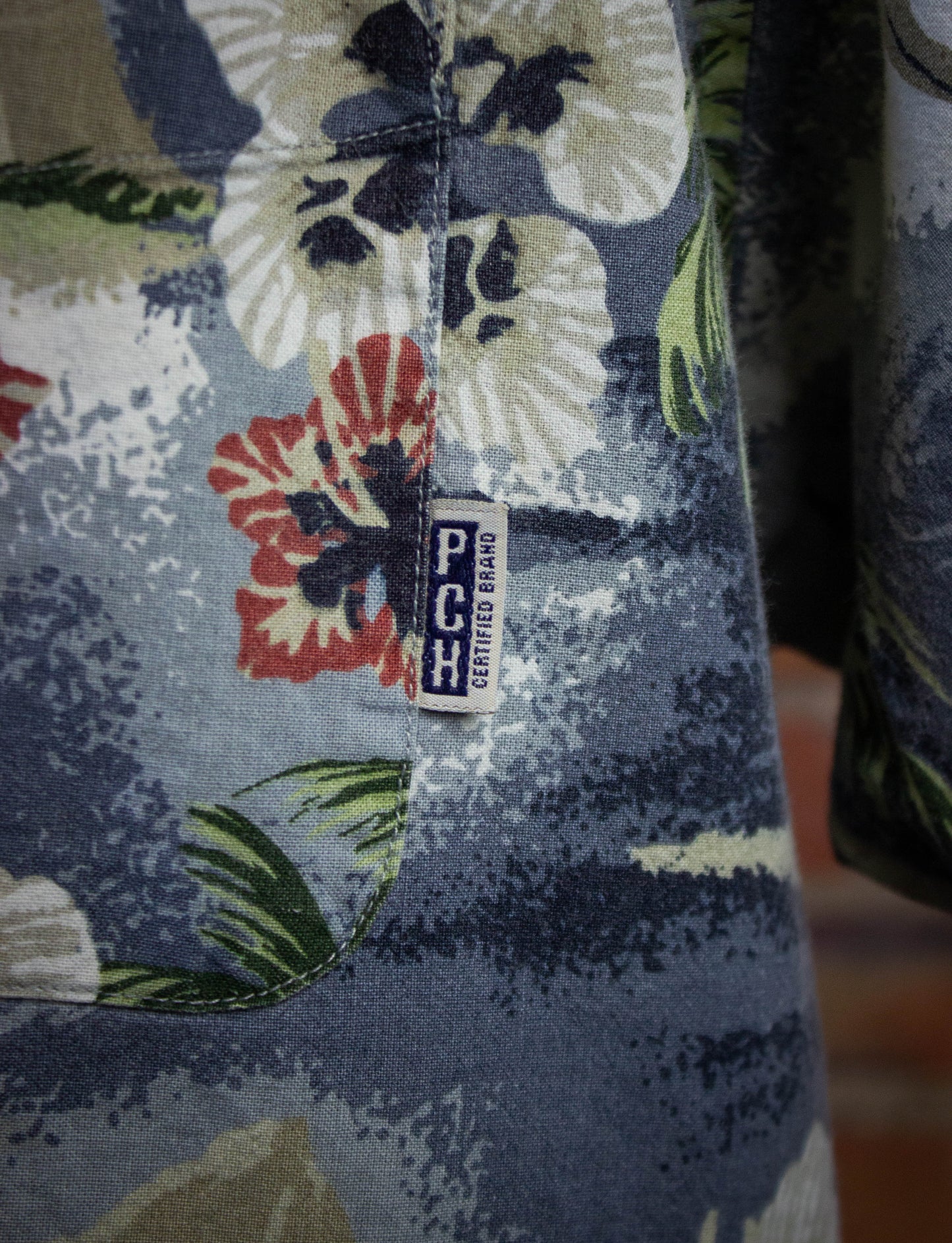 Vintage PCH Floral Hawaiian Button Up Shirt Blue & Cream Large