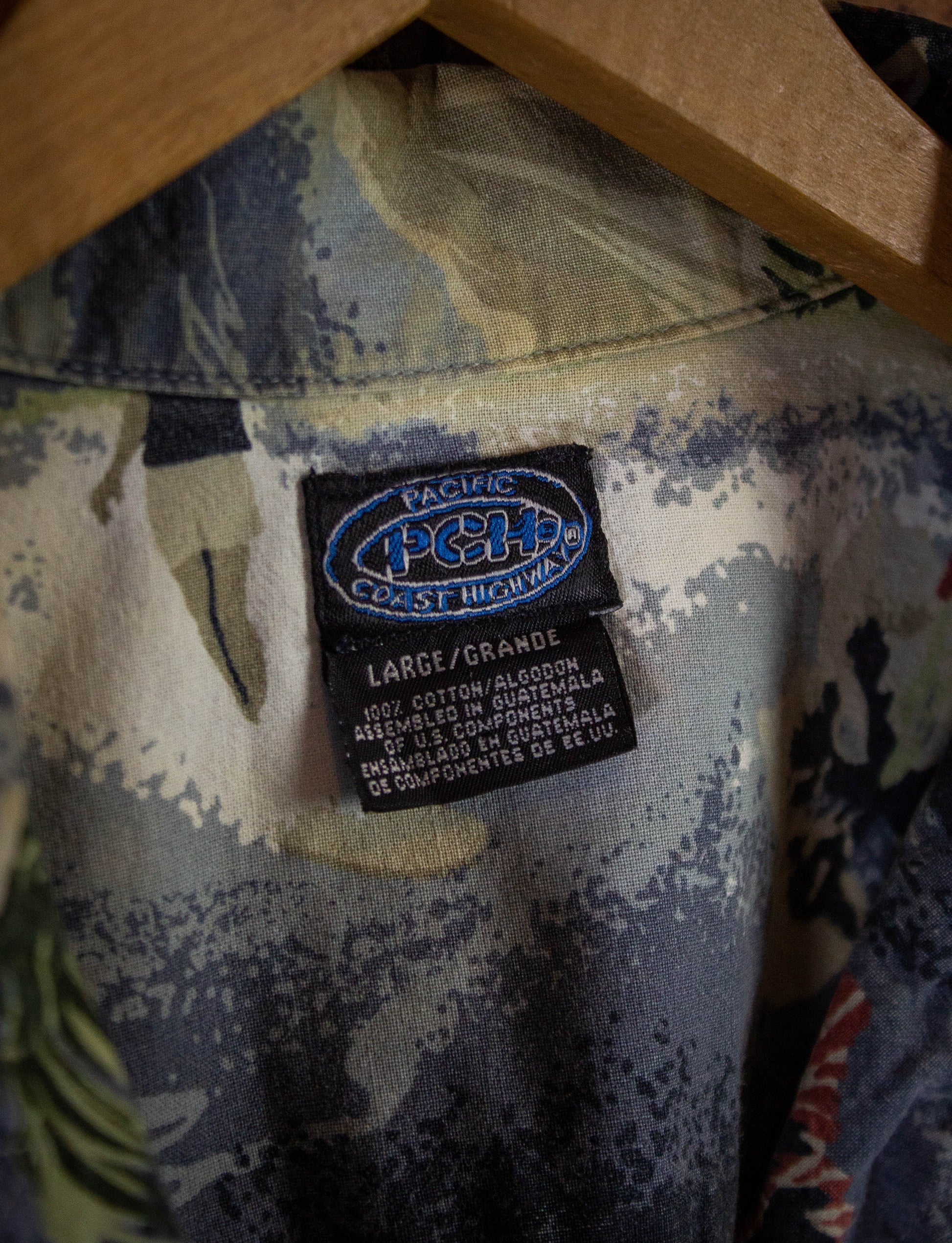 Vintage PCH Floral Hawaiian Button Up Shirt Blue & Cream Large