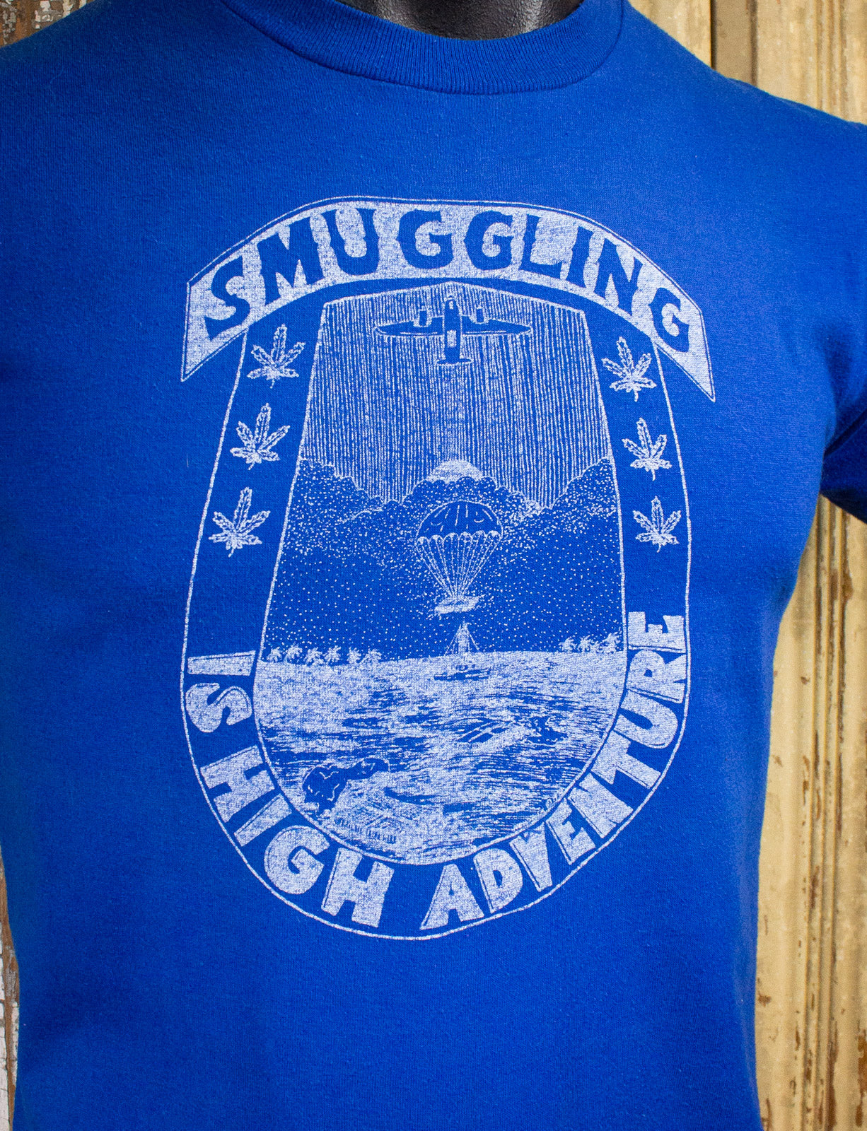 Vintage Smuggling Is High Adventure Graphic T Shirt 70s Blue Small
