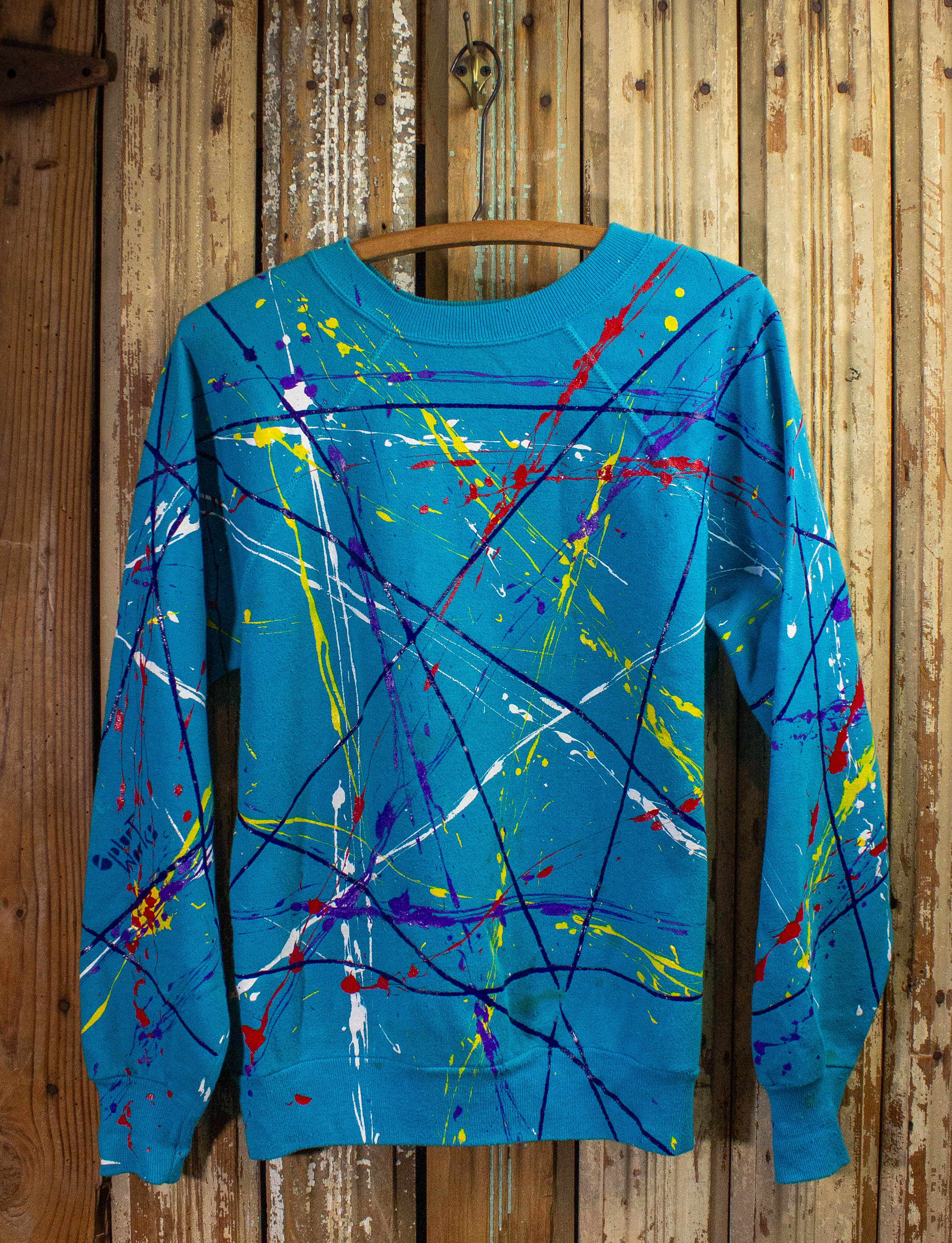 Vintage Splatter Lines Sweatshirt 80s Blue Large Black Shag