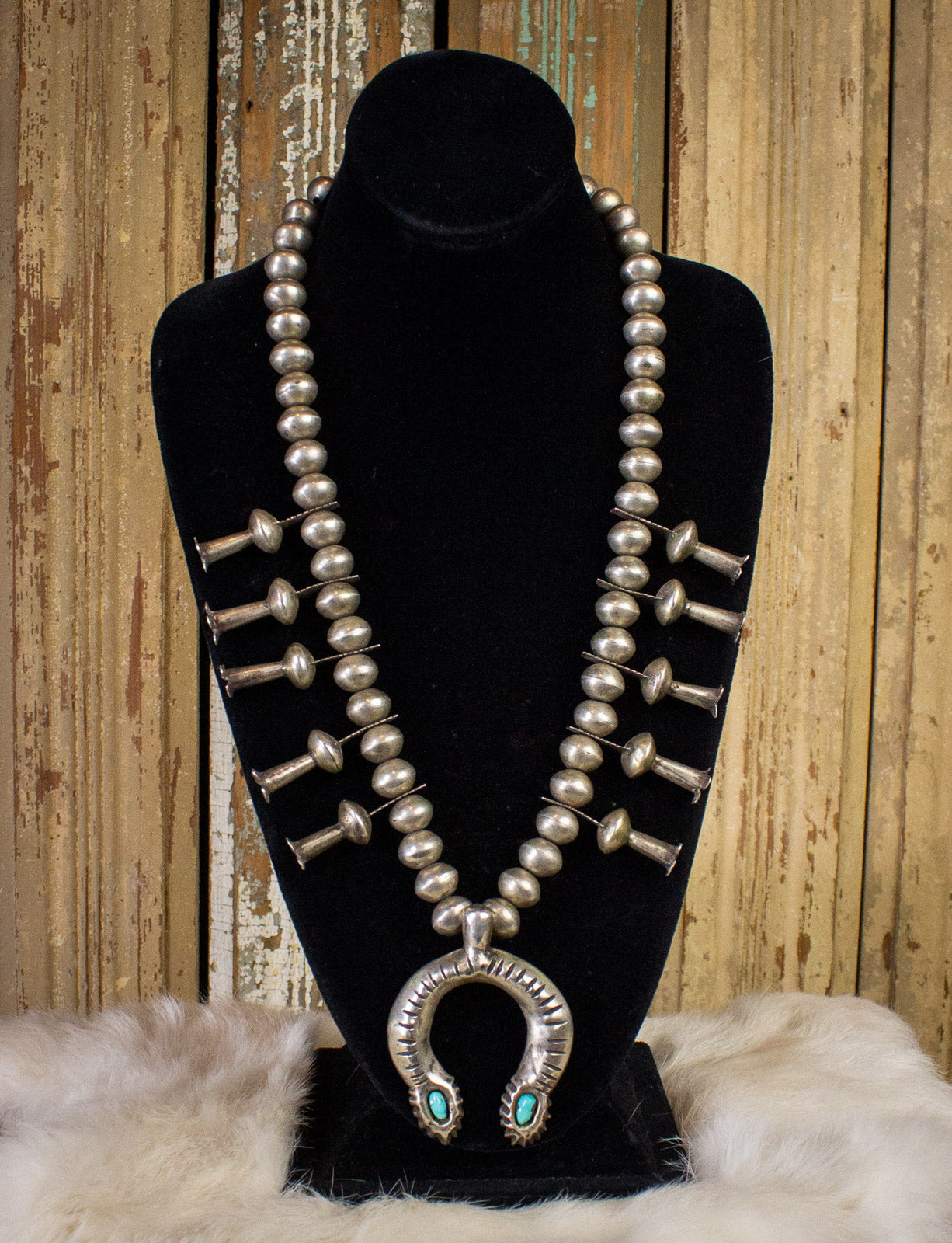 Vintage Navajo Squash Blossom Turquoise Sterling Silver Necklace