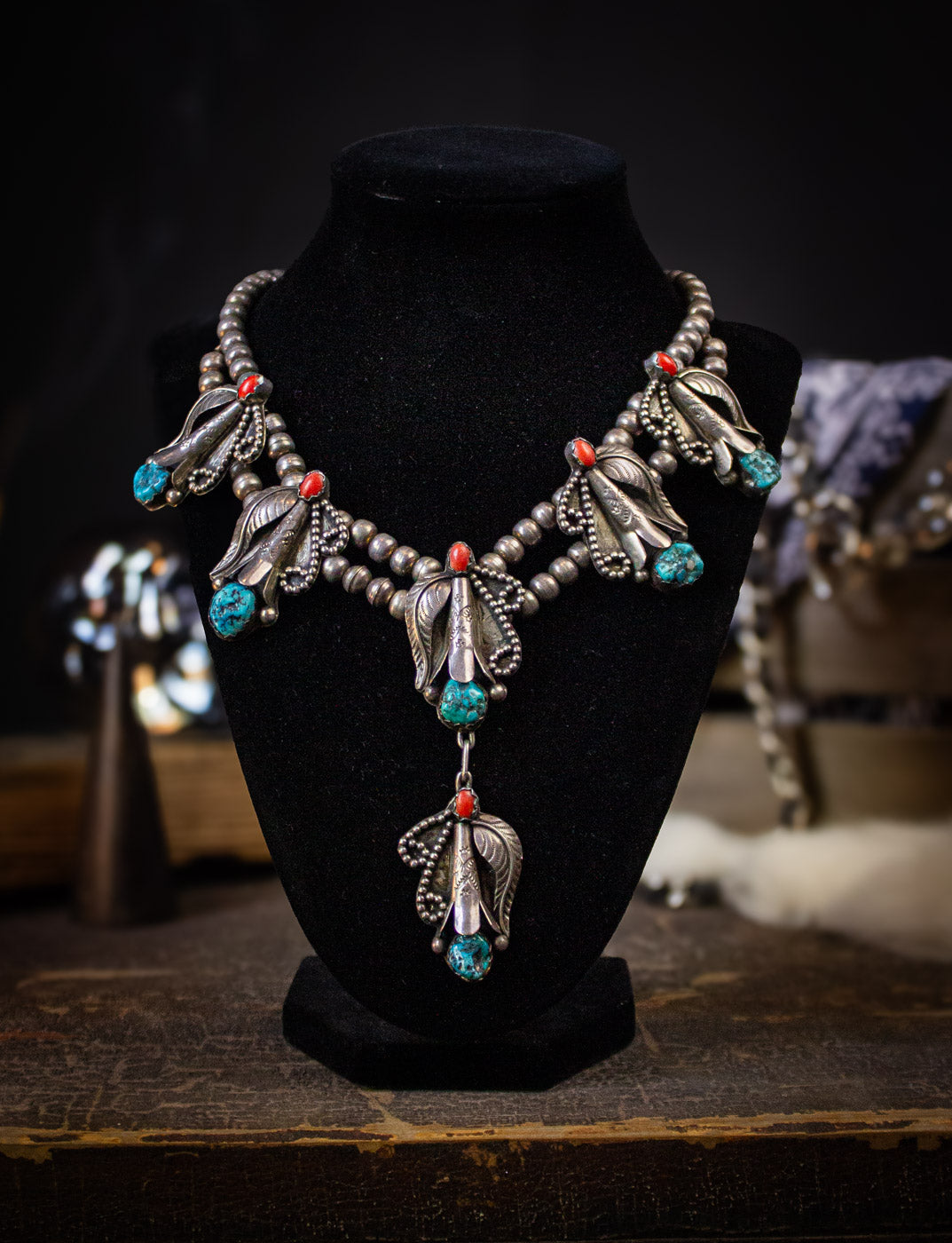 Vintage Turquoise, Coral, and Sterling Silver Double Bead Squash