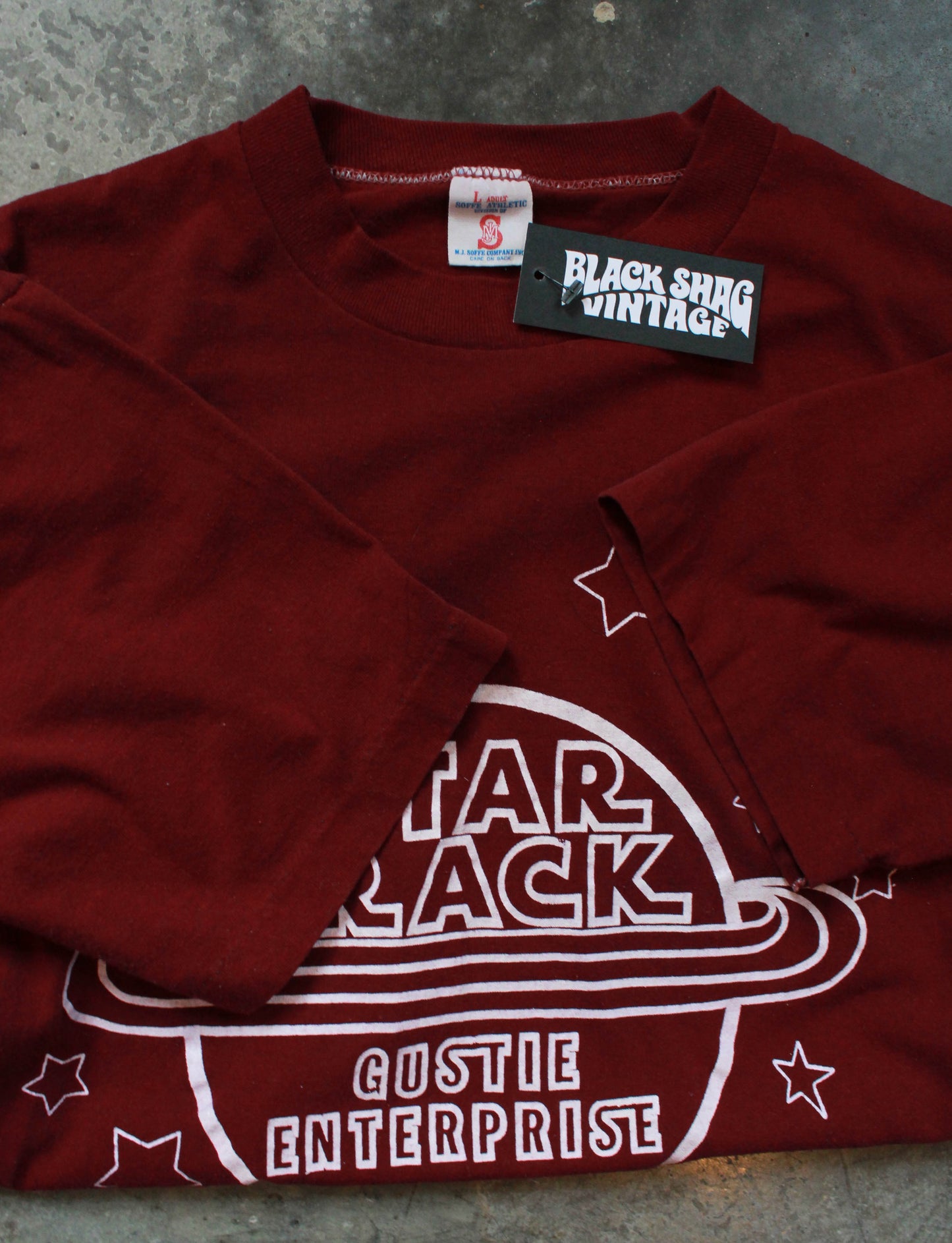 Vintage 80's Star Track Graphic T Shirt Gustie Enterprise Burgundy Unisex Medium