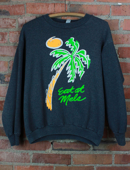 Vintage 80's Eat At Mel's Graphic Sweatshirt Crew Neck Pullover Neon Charcoal Grey Medium/Large 