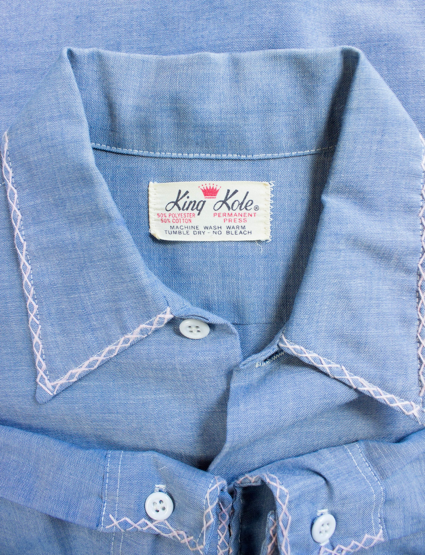 Vintage King Kole Hand Embroidered Chambray Shirt 70s Light Blue Small