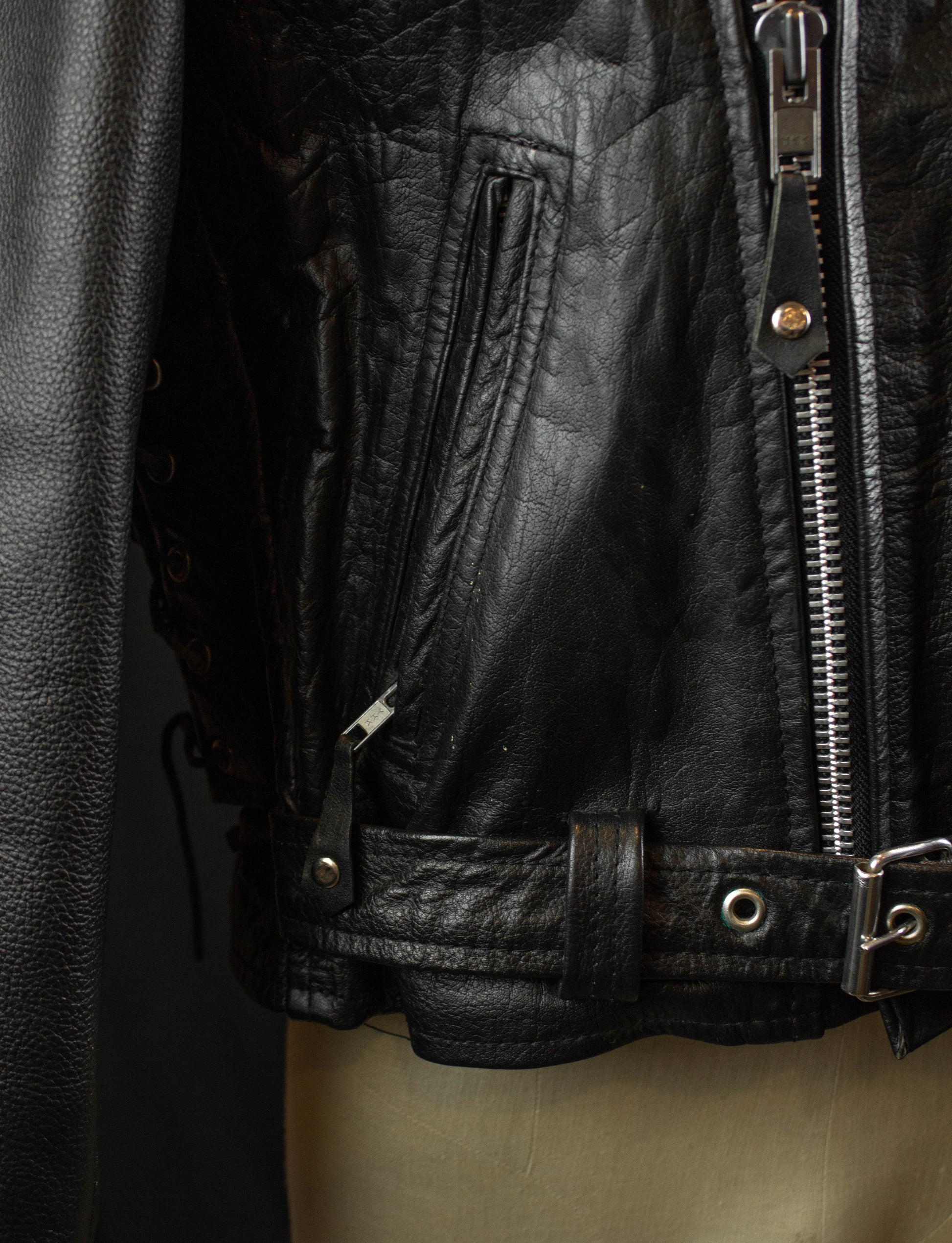 Vintage Leather Club Belted Leather Biker Jacket 80s Black and Silver Large