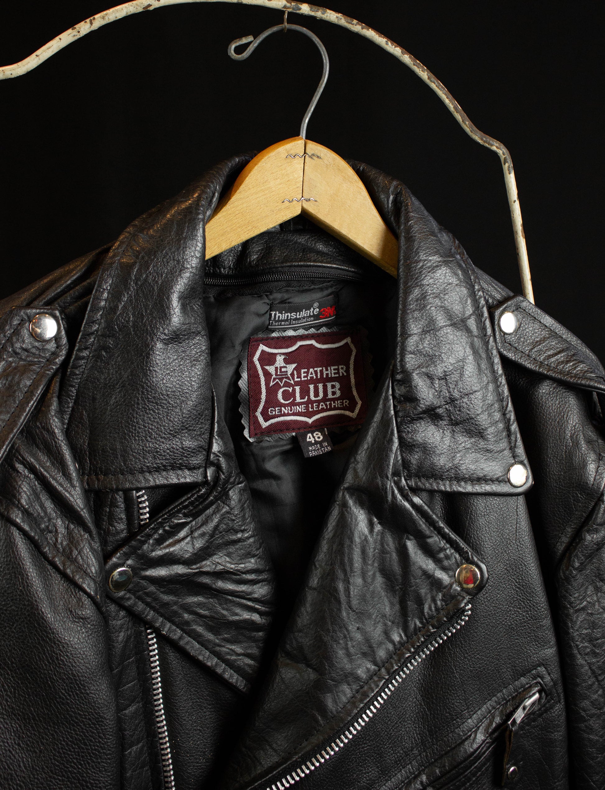 Vintage Leather Club Belted Leather Biker Jacket 80s Black and Silver Large
