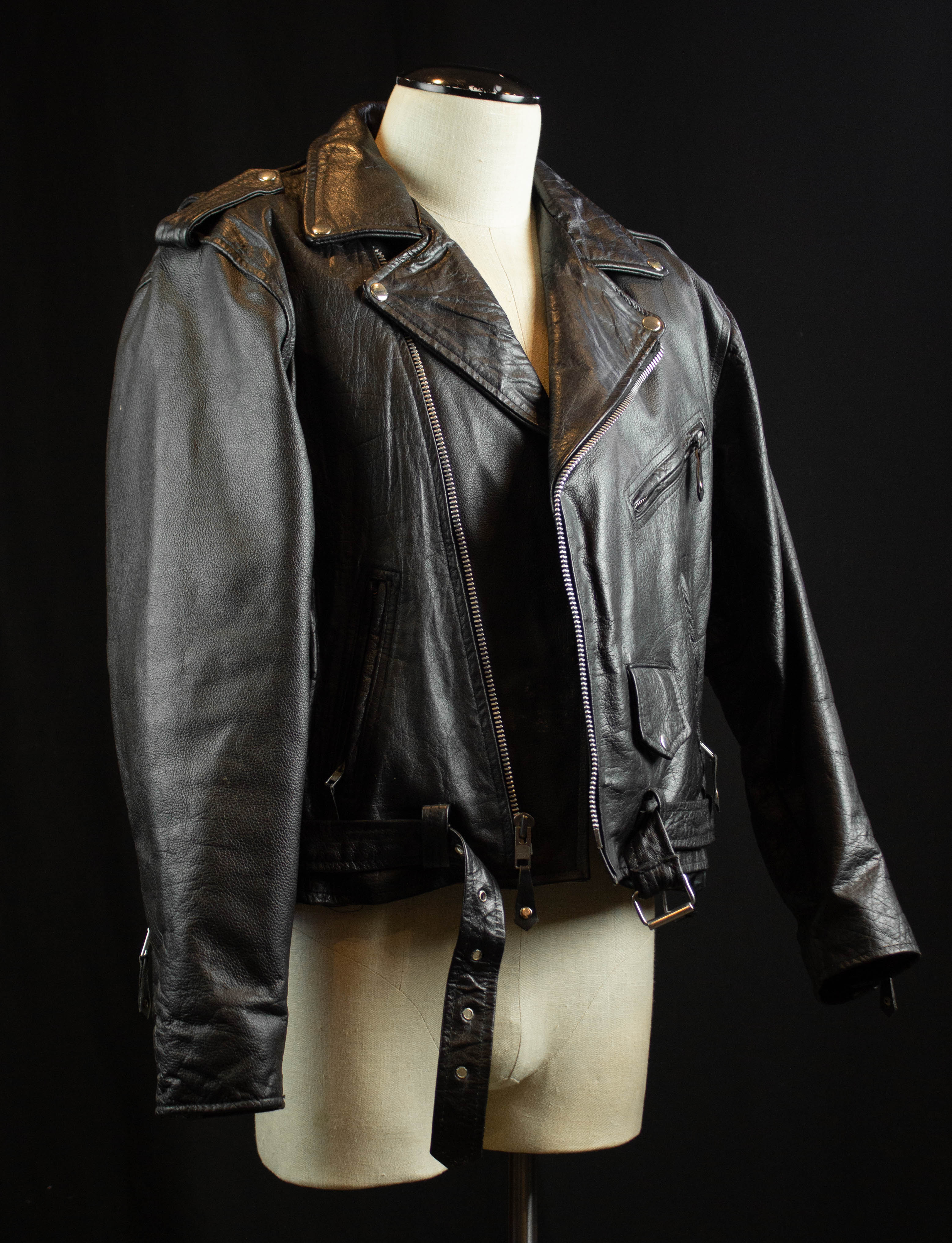 Vintage US Leather Club Belted Leather Biker Jacket 80s Black and