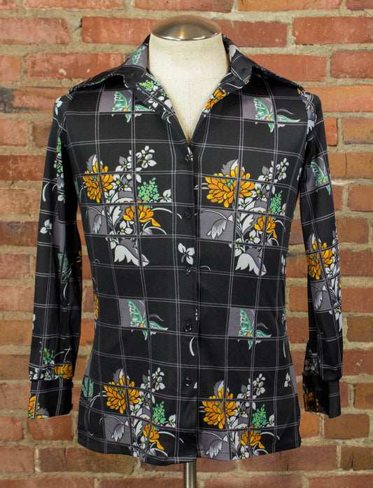Vintage Rissi Floral Butterfly Disco Shirt 70s Black Geometric XS-Small