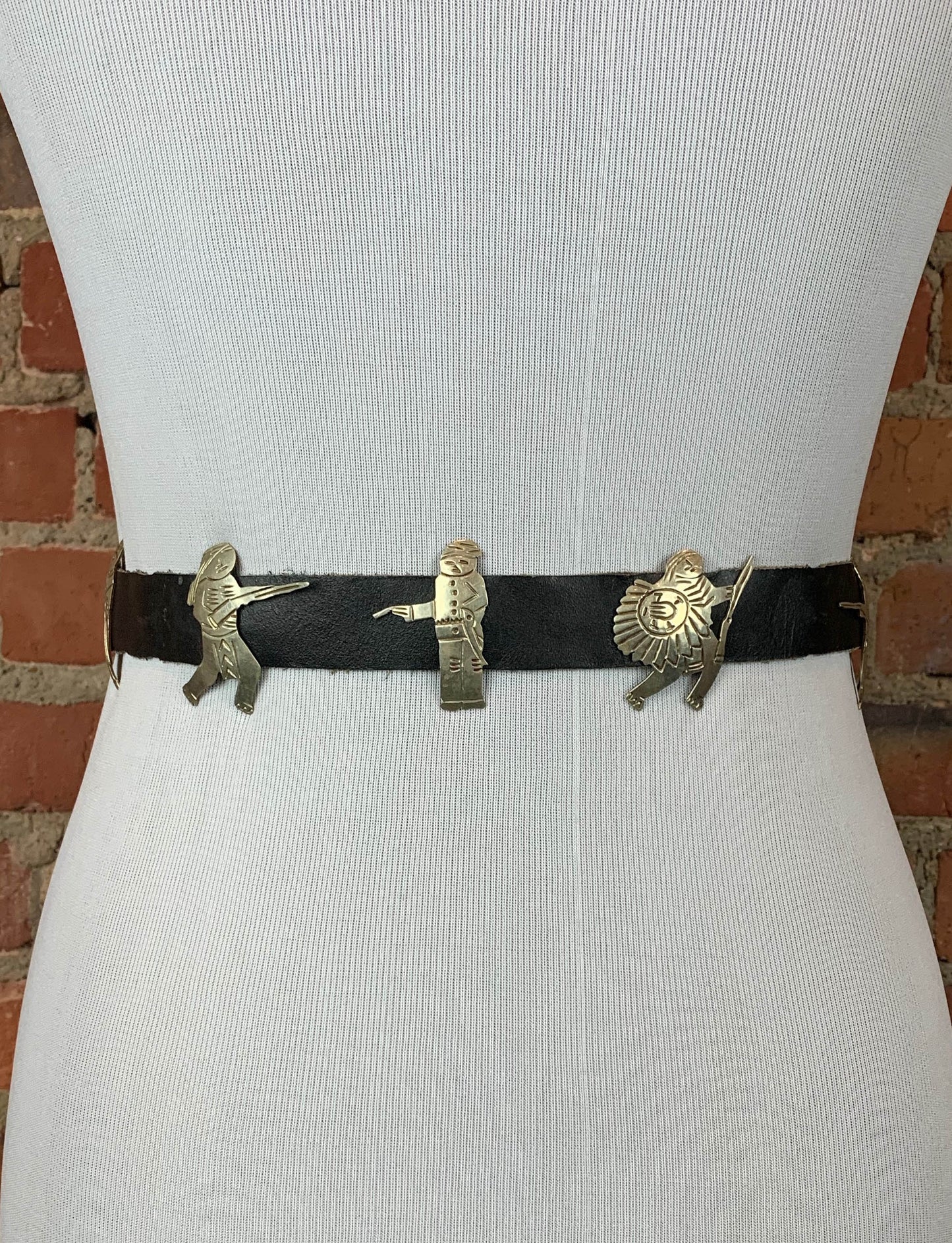 Vintage Mexican Sterling Silver Black Leather Native American Belt - 28