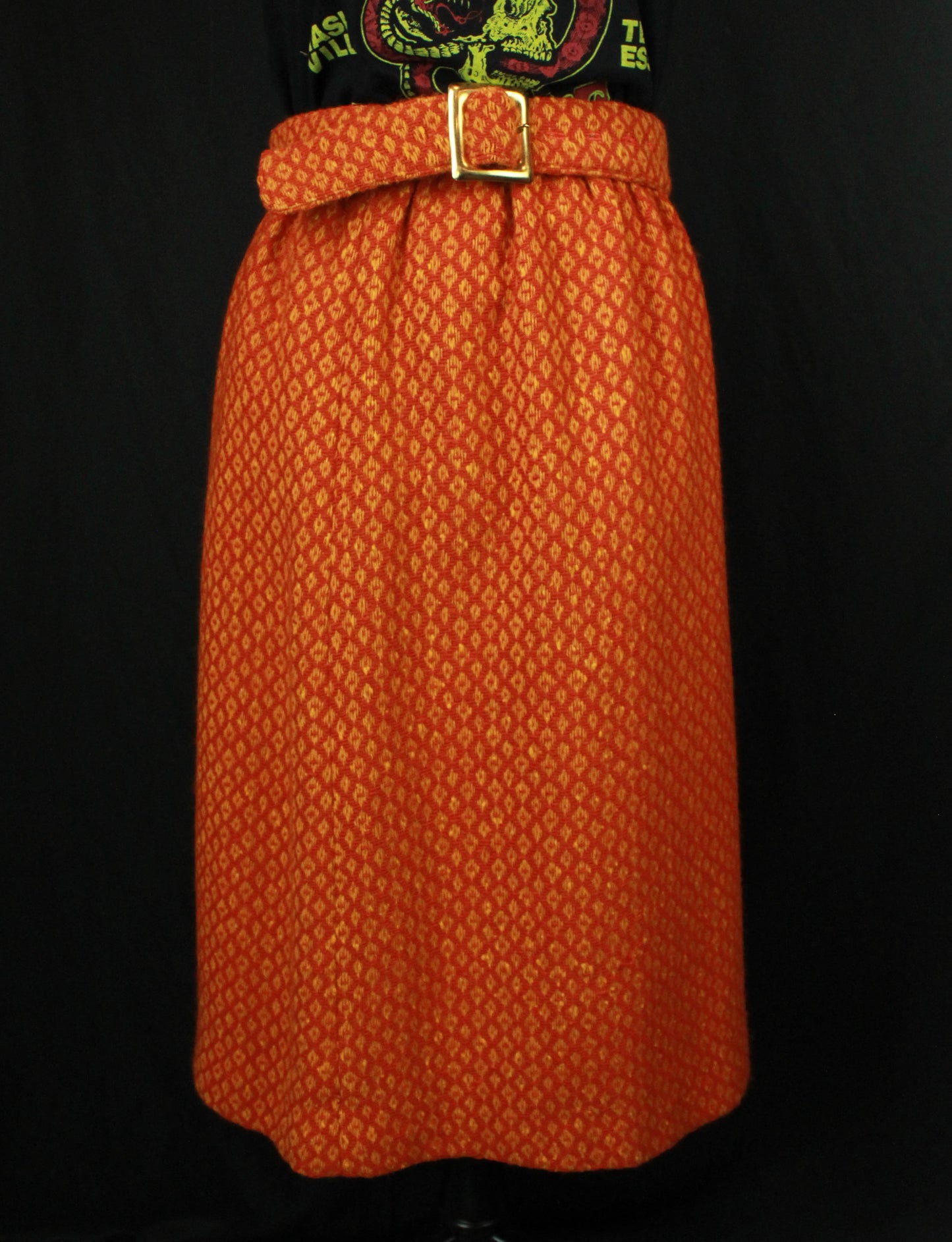 Women's Vintage 60s Orange Wool Midi Skirt - Small