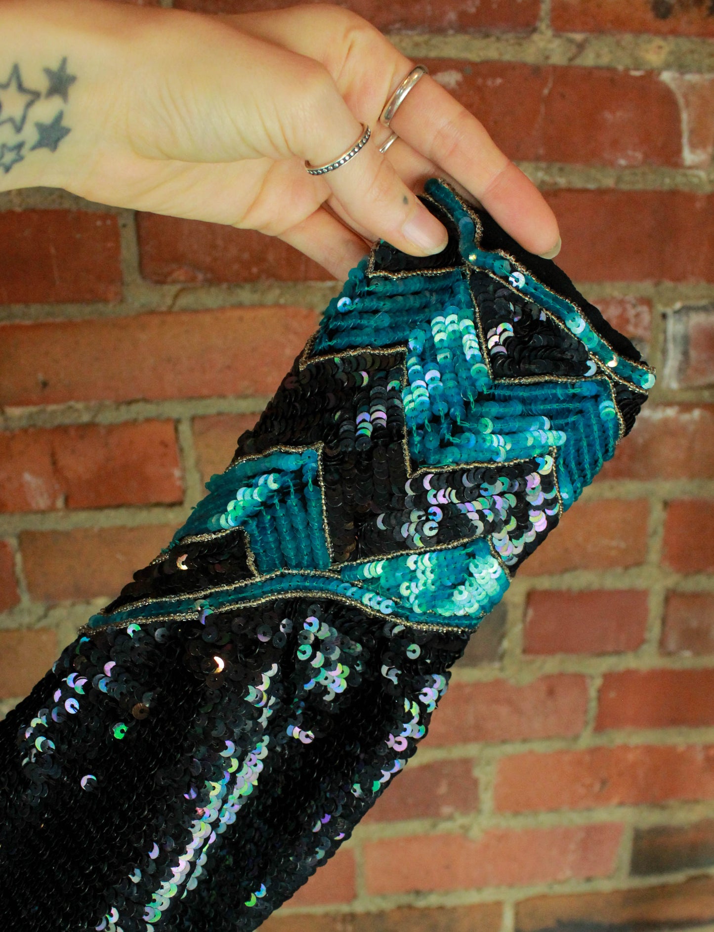 Women's Vintage Black And Teal Sequined Silk Blouse - Small