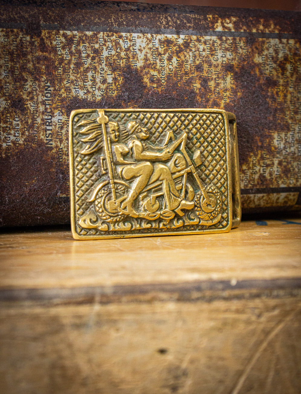 Vintage Biker Couple Motorcycle Brass Belt Buckle 70s