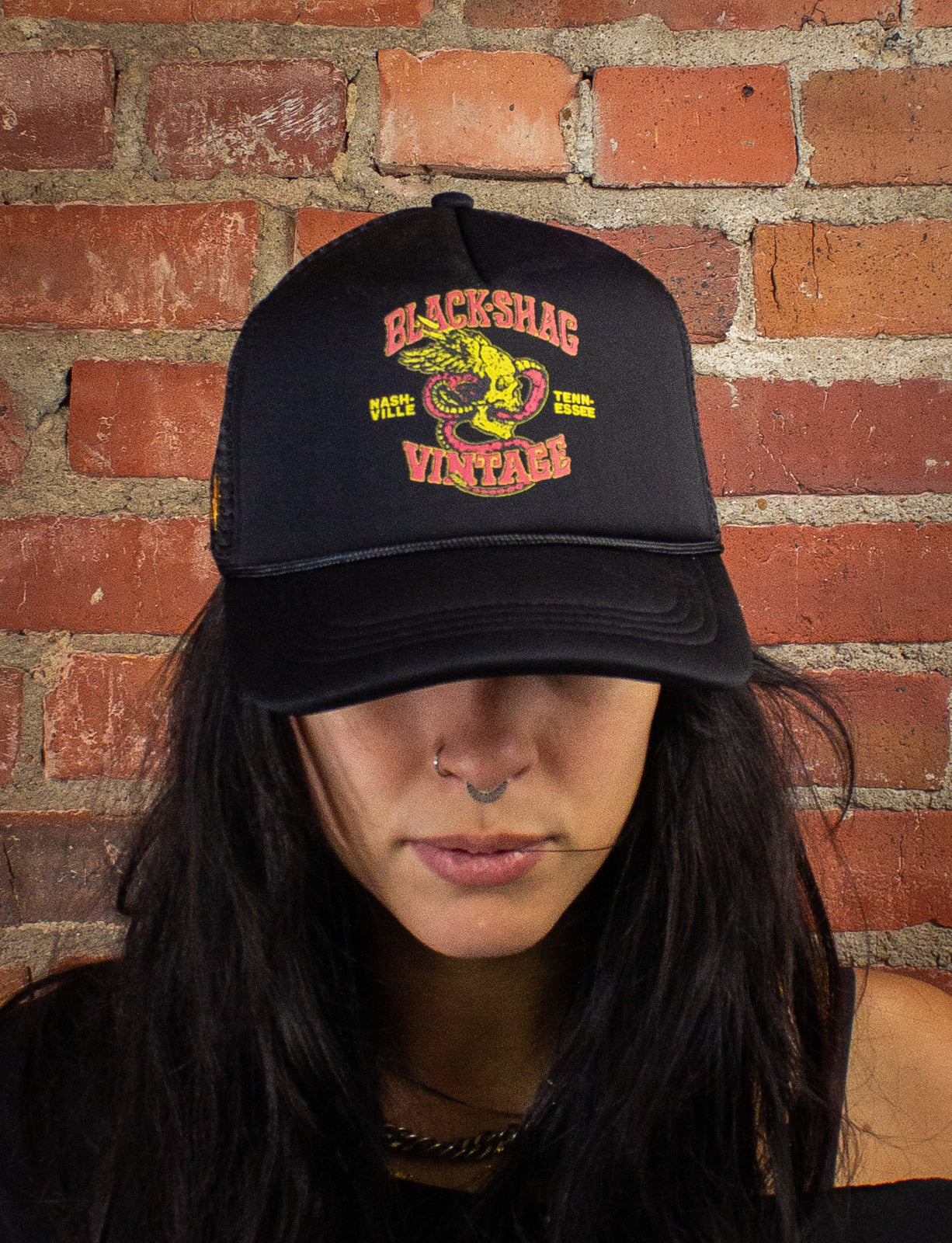 Black Shag Vintage Winged Skull + Snake Trucker Hat