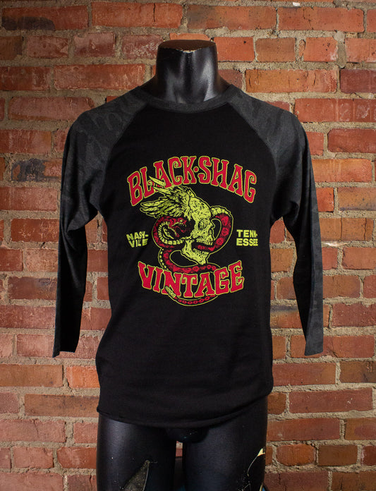 Black Shag Vintage Winged Skull & Snake Camo T Shirt Raglan - Unisex XS to 2XL
