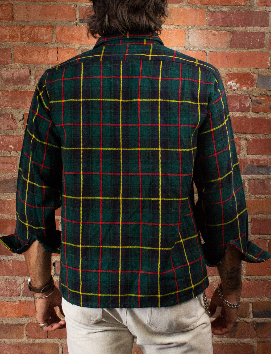 Vintage Green, Yellow, and Red Plaid Flannel Shirt Large Black Shag Vintage Vintage Green, Yellow, and Red Plaid Flannel Shirt Large Black Shag Vintage