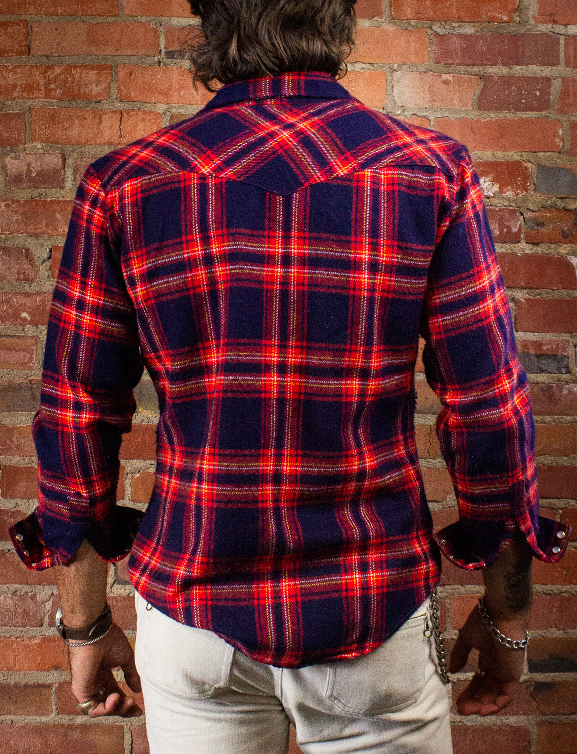 Vintage Rugged Red and Navy Blue Plaid Flannel Western Shirt 80s Large