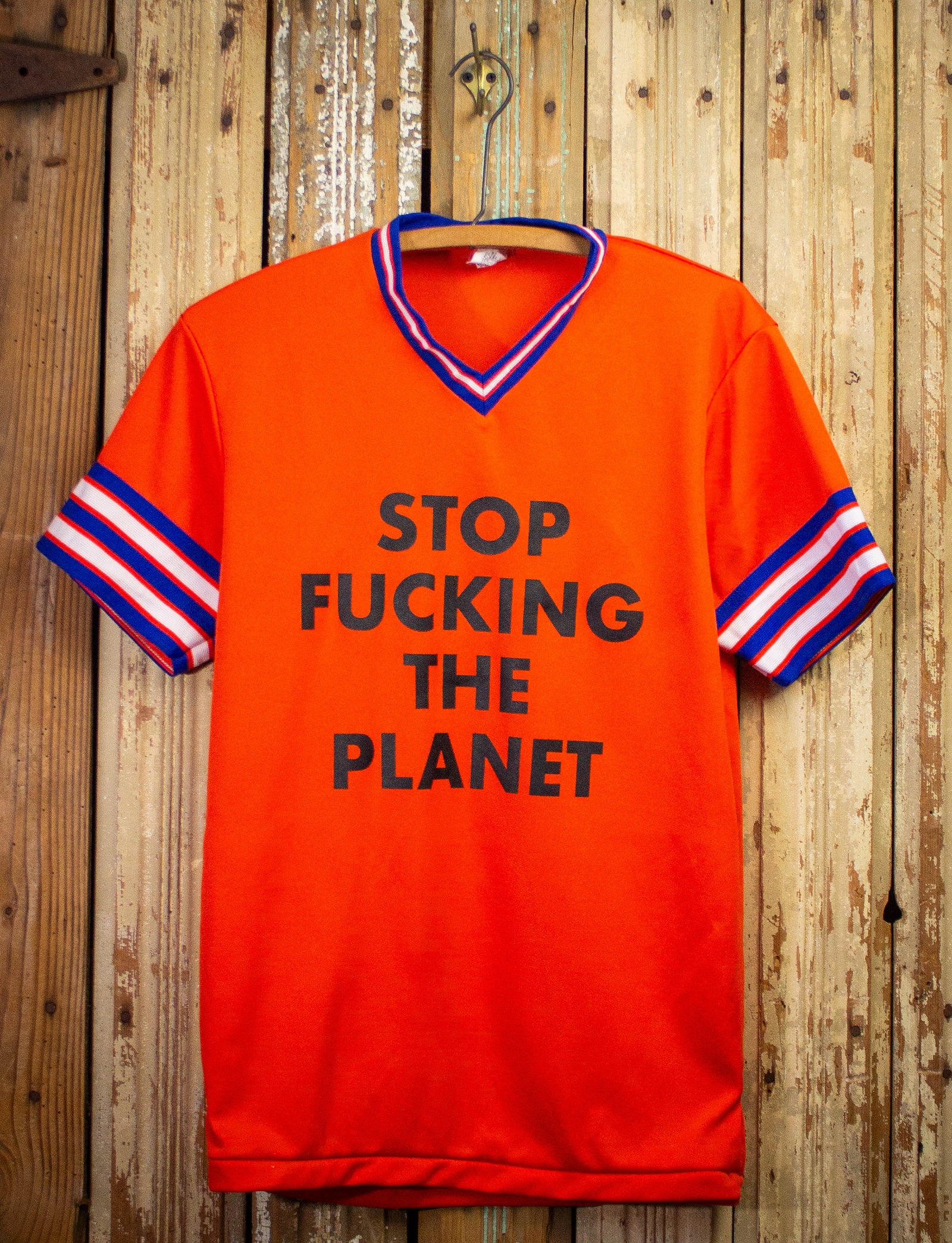 Stop Fucking The Planet Jersey Graphic T Shirt Orange and Blue Medium