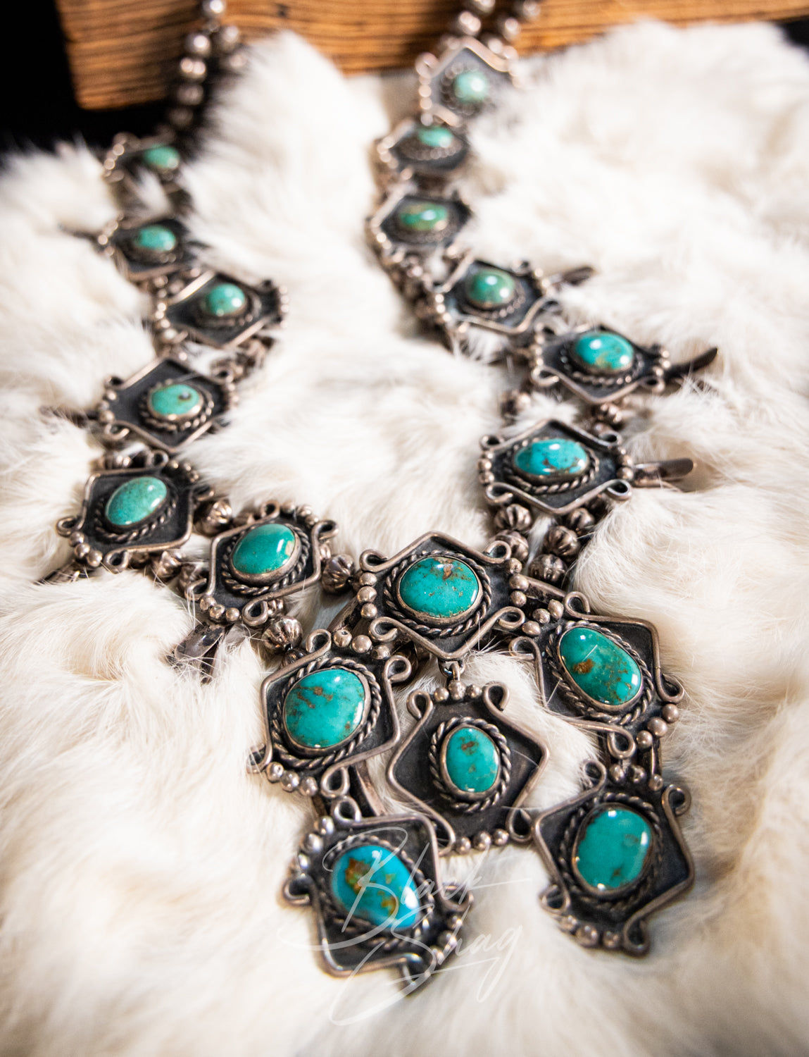 Vintage 40s Sterling Silver Turquoise Squash Blossom Necklace