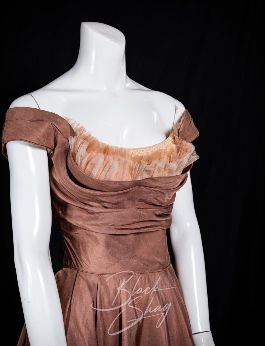 Vintage 1950s Ceil Chapman Cocktail Dress Dusty Rose Taffeta XS