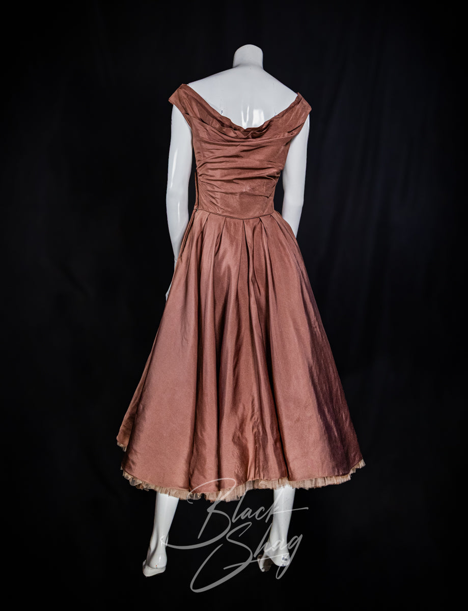 Vintage 1950s Ceil Chapman Cocktail Dress Dusty Rose Taffeta XS