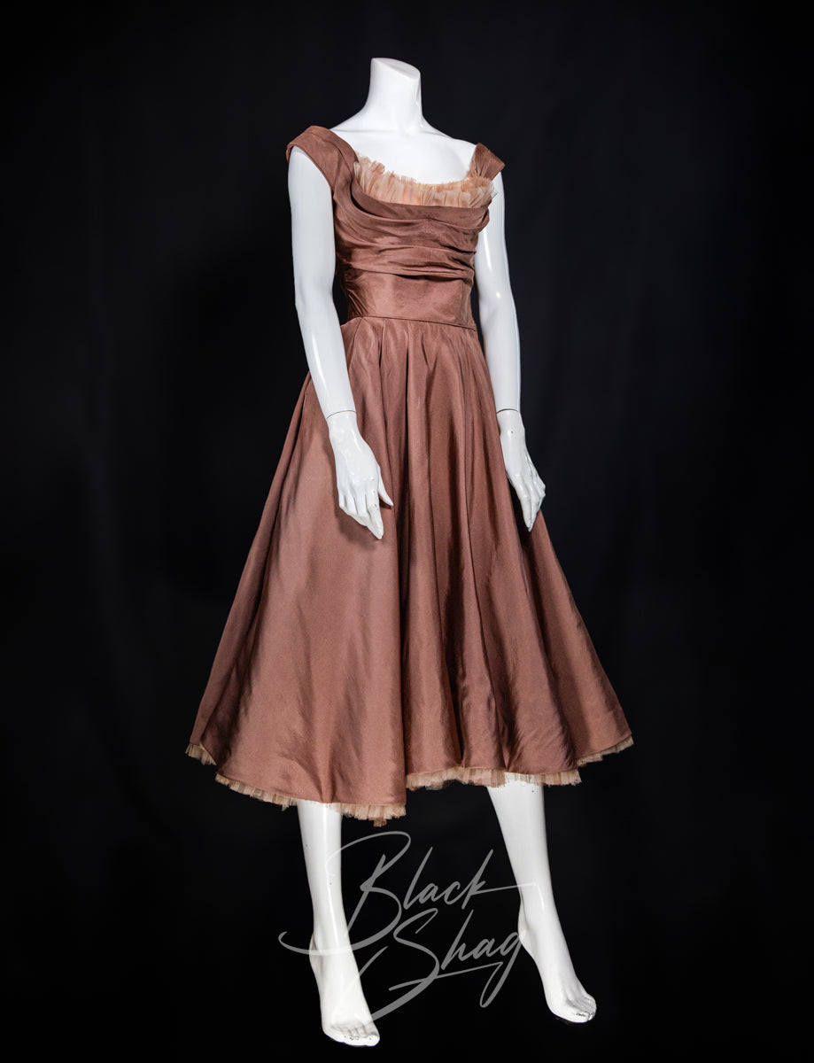Vintage 1950s Ceil Chapman Cocktail Dress Dusty Rose Taffeta XS