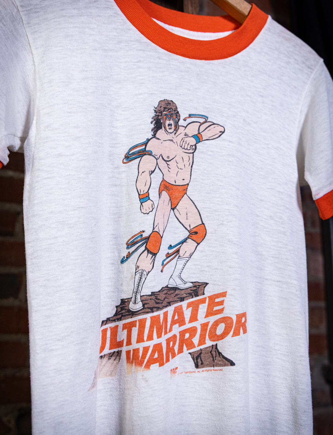Vintage 1989 WWF Ultimate Warrior Wrestling Graphic Ringer T Shirt XXS