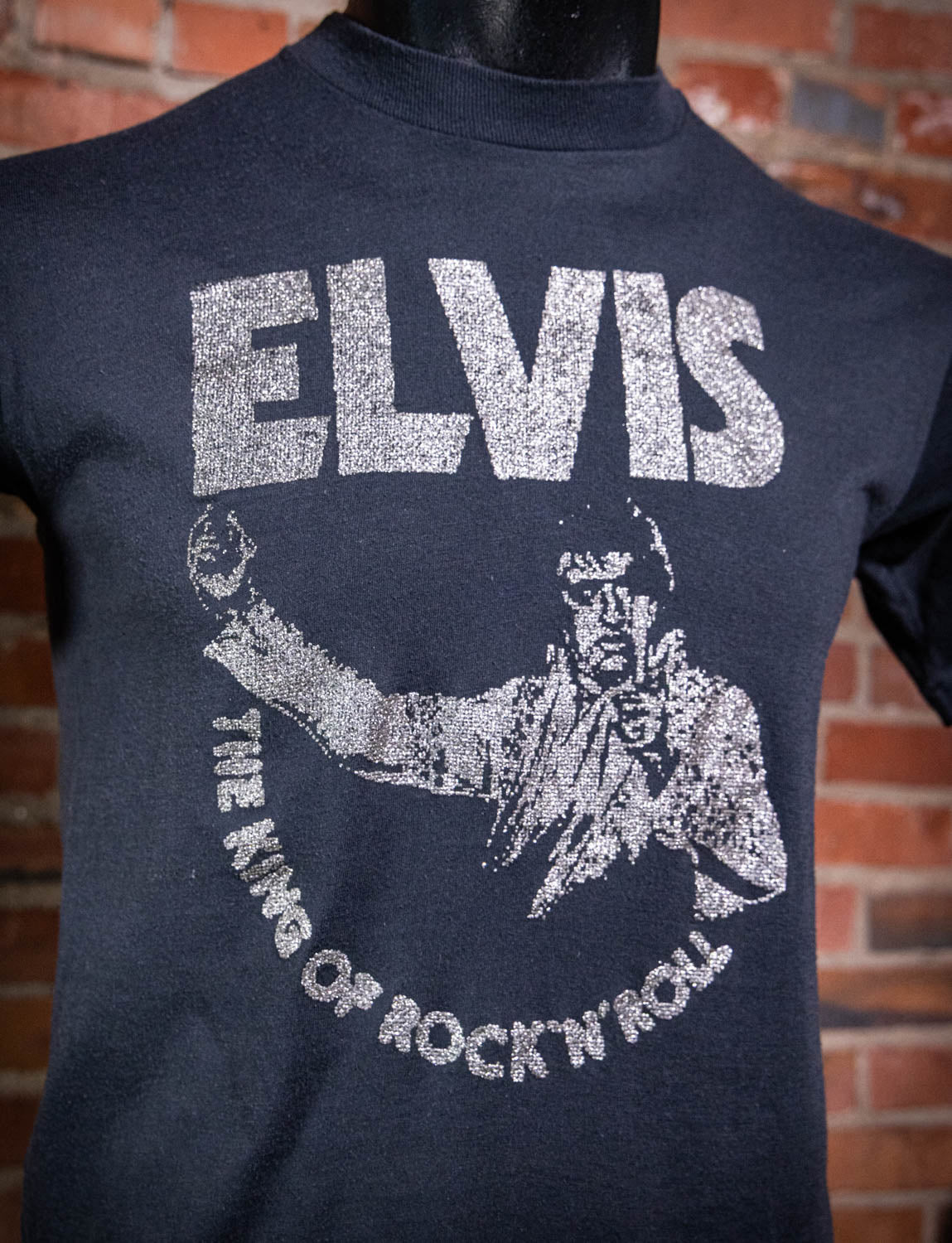 Vintage 70s Elvis King of Rock n Roll Glitter Print Concert T Shirt Small