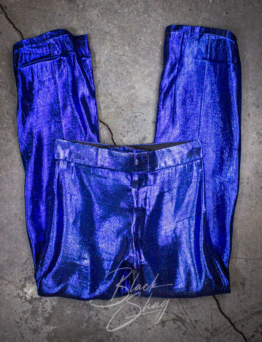 Vintage 70s Granny Takes A Trip Blue Lamé Pants 28x30