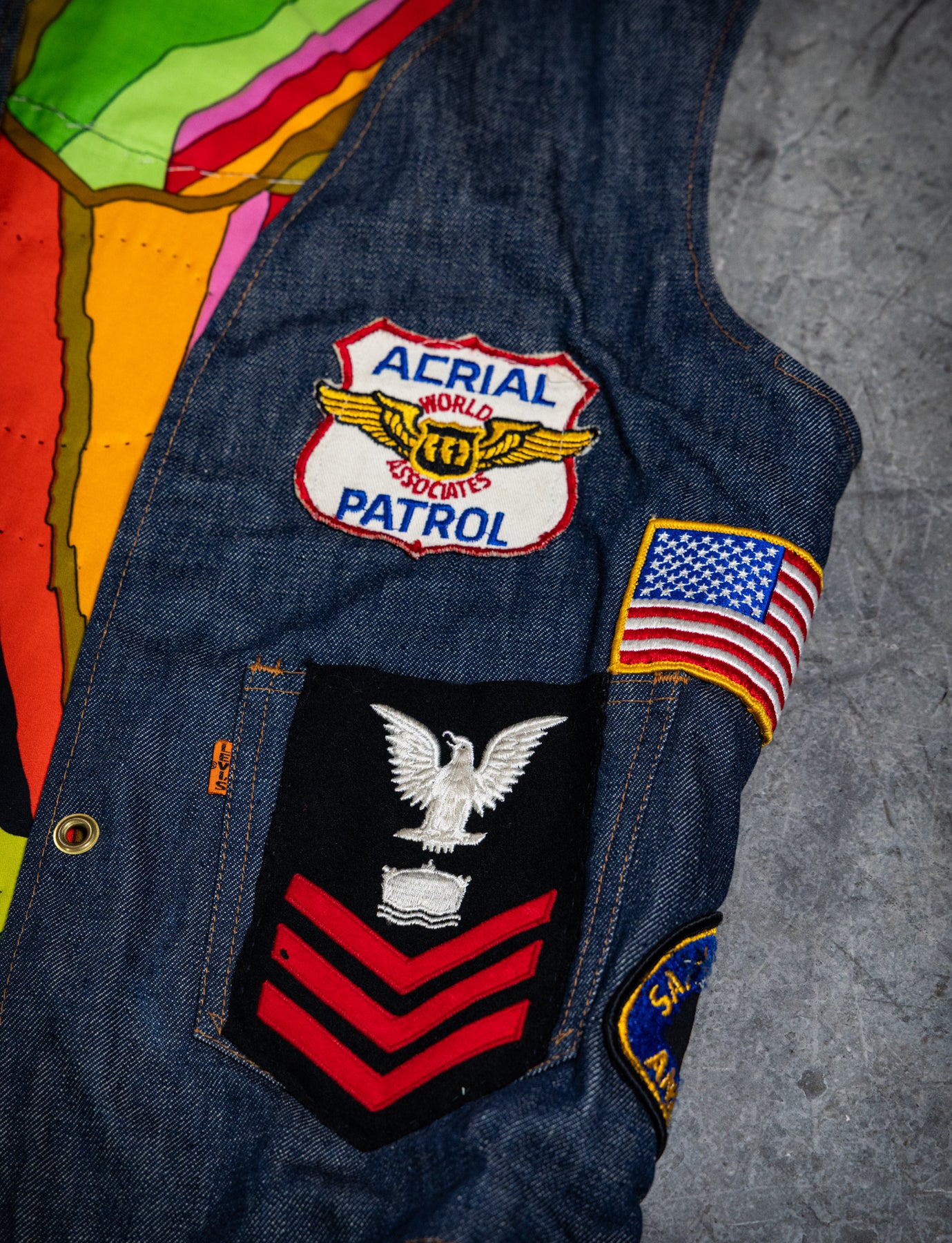 Vintage 70s Levi's Big E Psychedelic Patch Denim Vest Medium