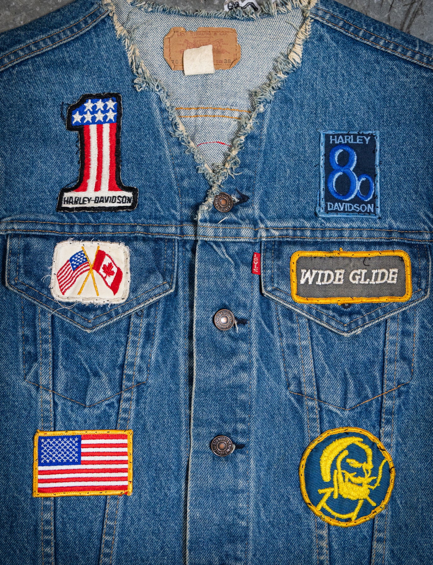 Vintage 70s Levi's Harley Davidson 69 Patch Cutoff Denim Vest Medium