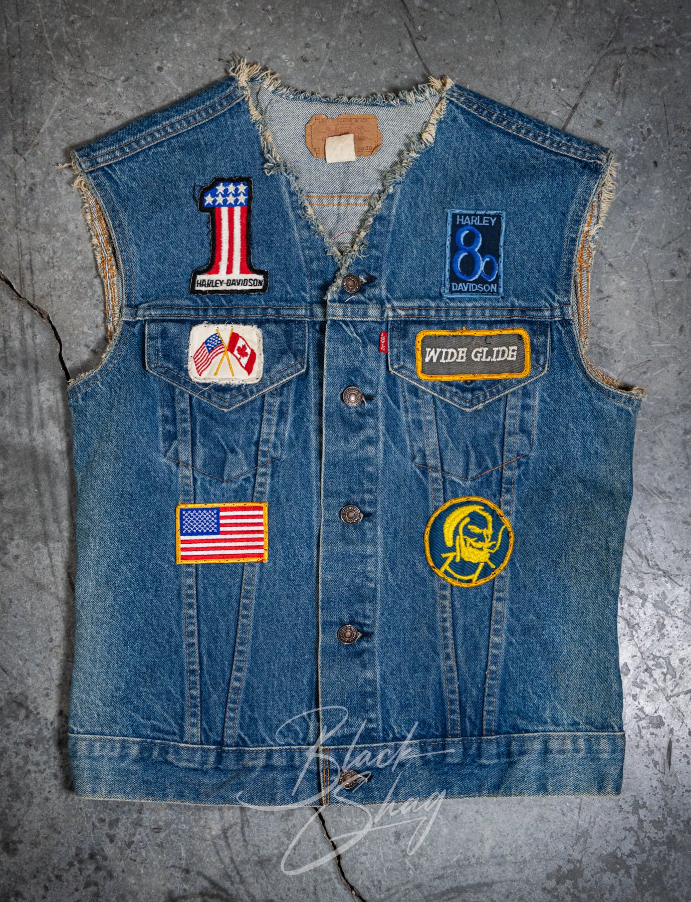Vintage 70s Levi's Harley Davidson 69 Patch Cutoff Denim Vest Medium