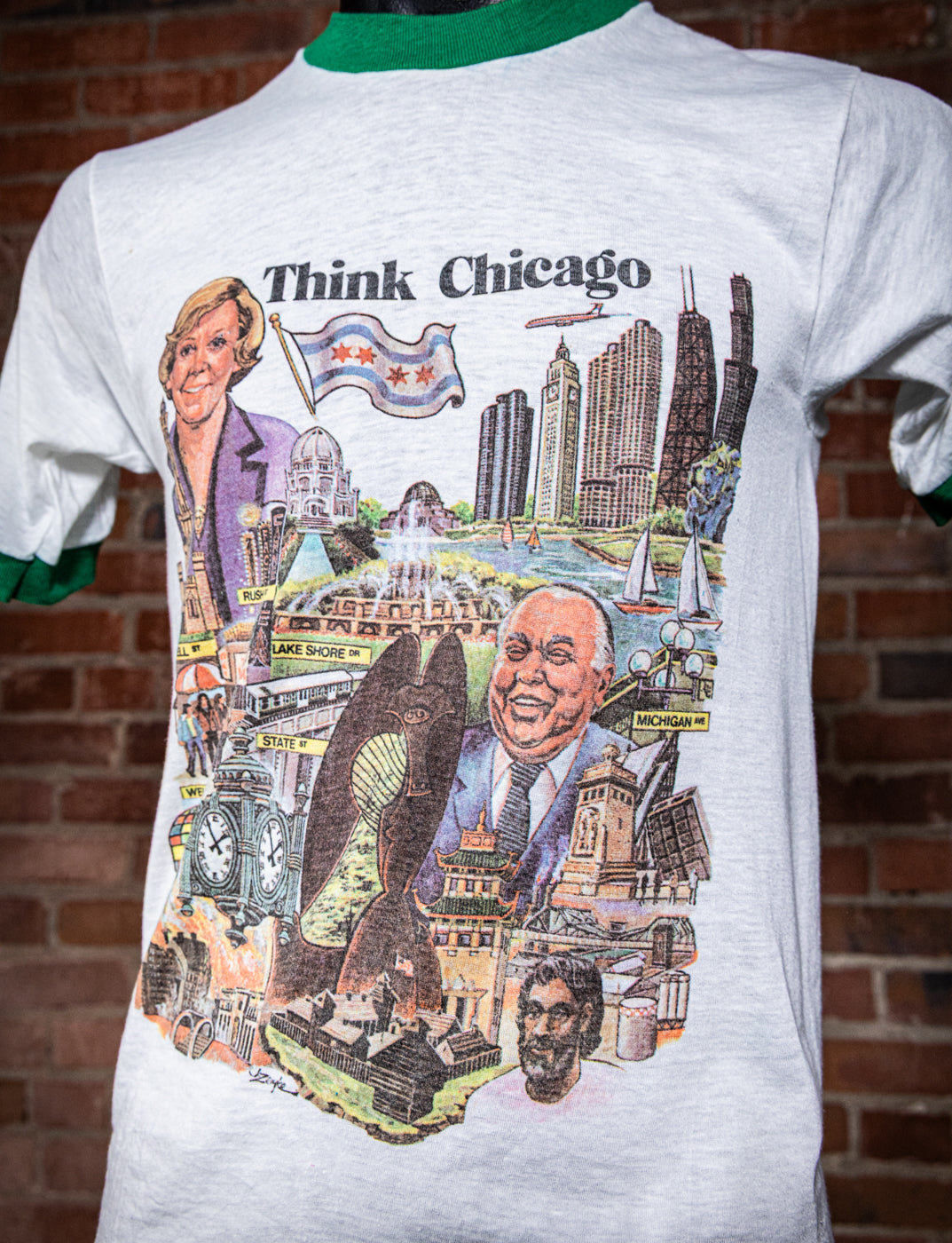 Vintage 80s Think Chicago Souvenir Ringer Graphic T Shirt Small