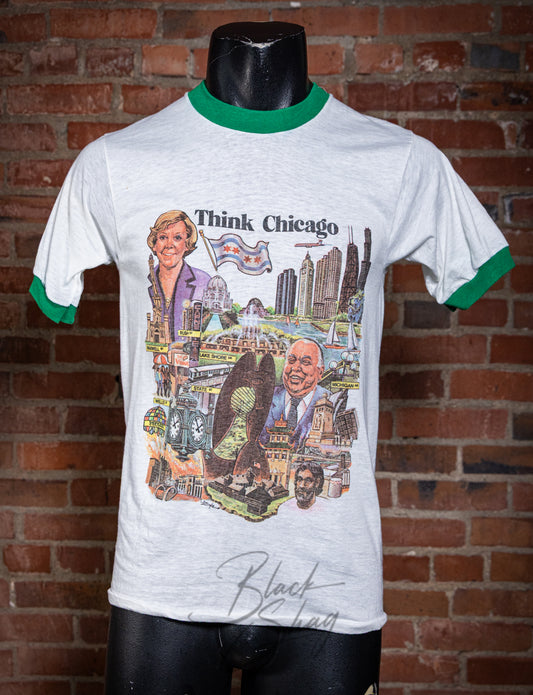 Vintage 80s Think Chicago Souvenir Ringer Graphic T Shirt Small