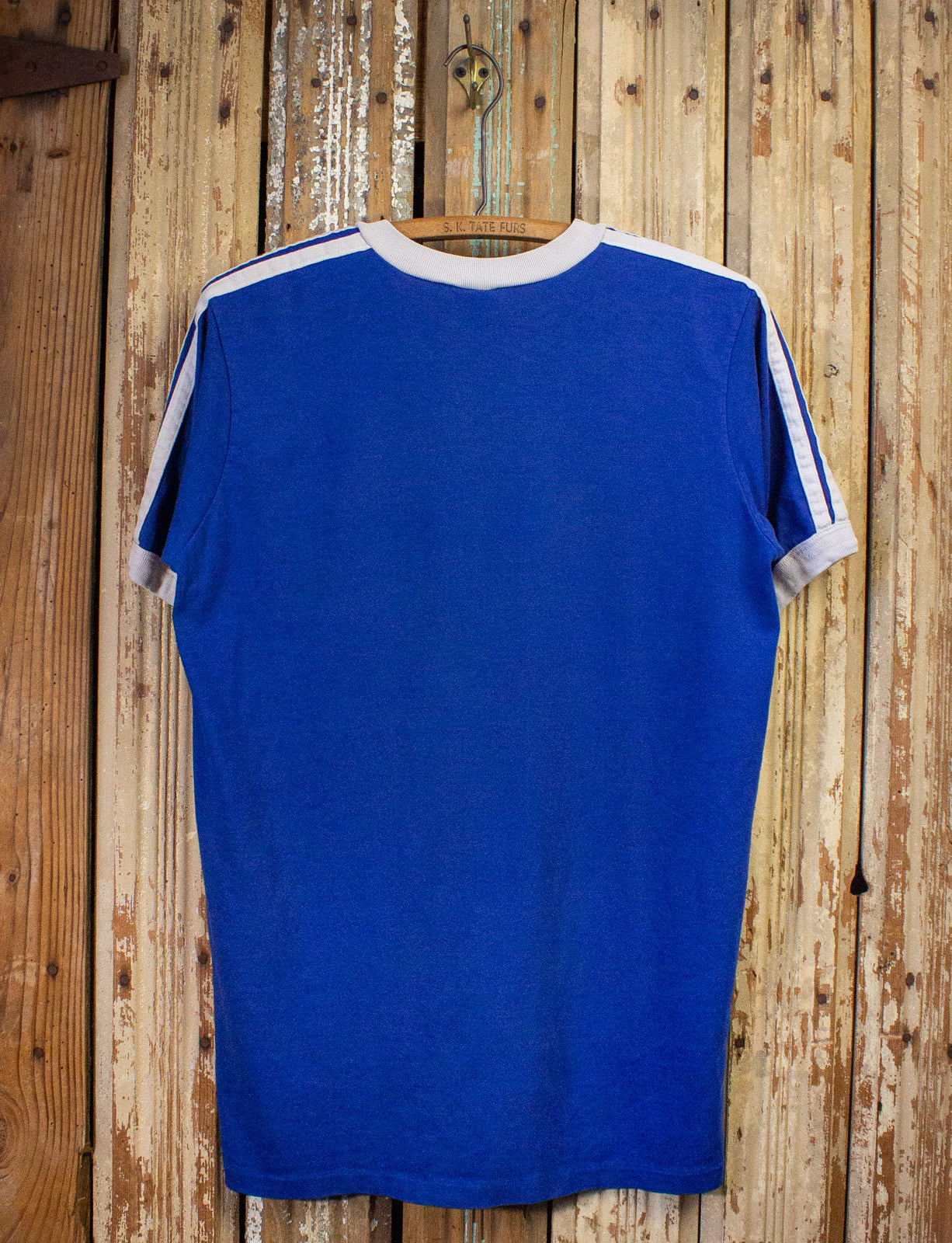Vintage Adidas V Neck Ringer Graphic T Shirt 80s Blue Large