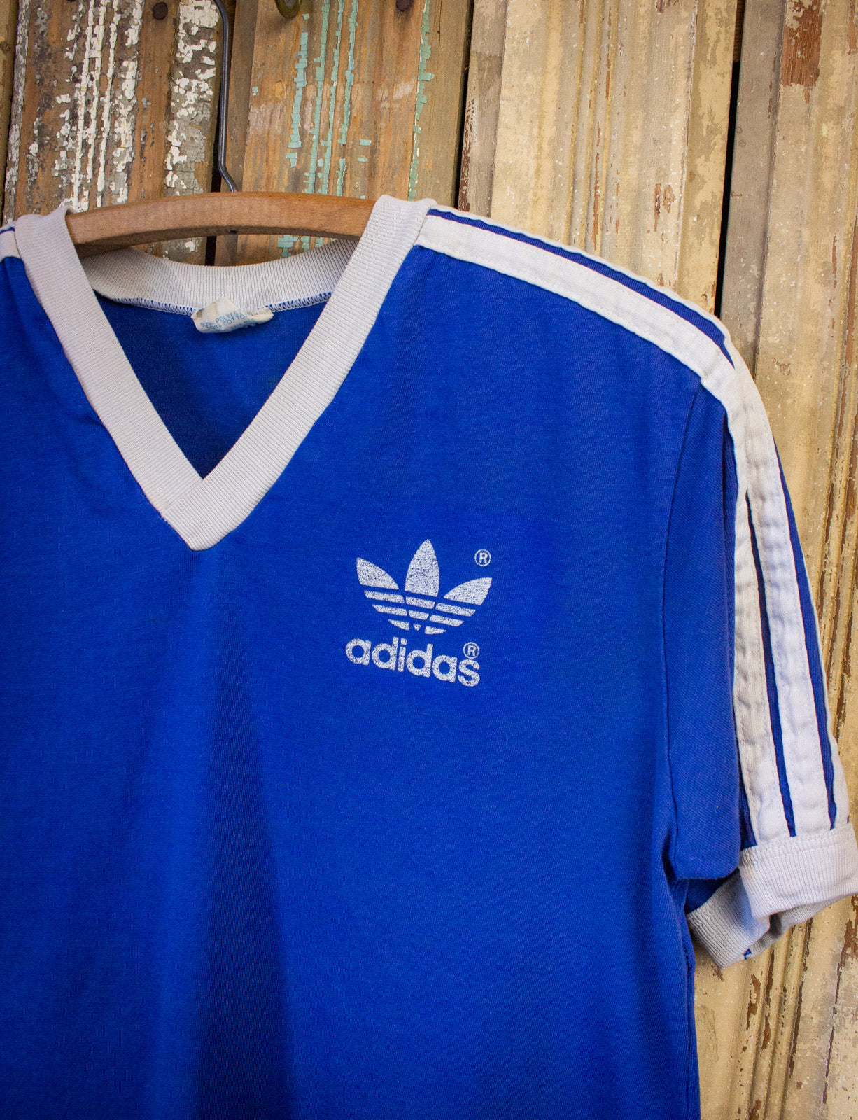 Vintage Adidas V Neck Ringer Graphic T Shirt 80s Blue Large